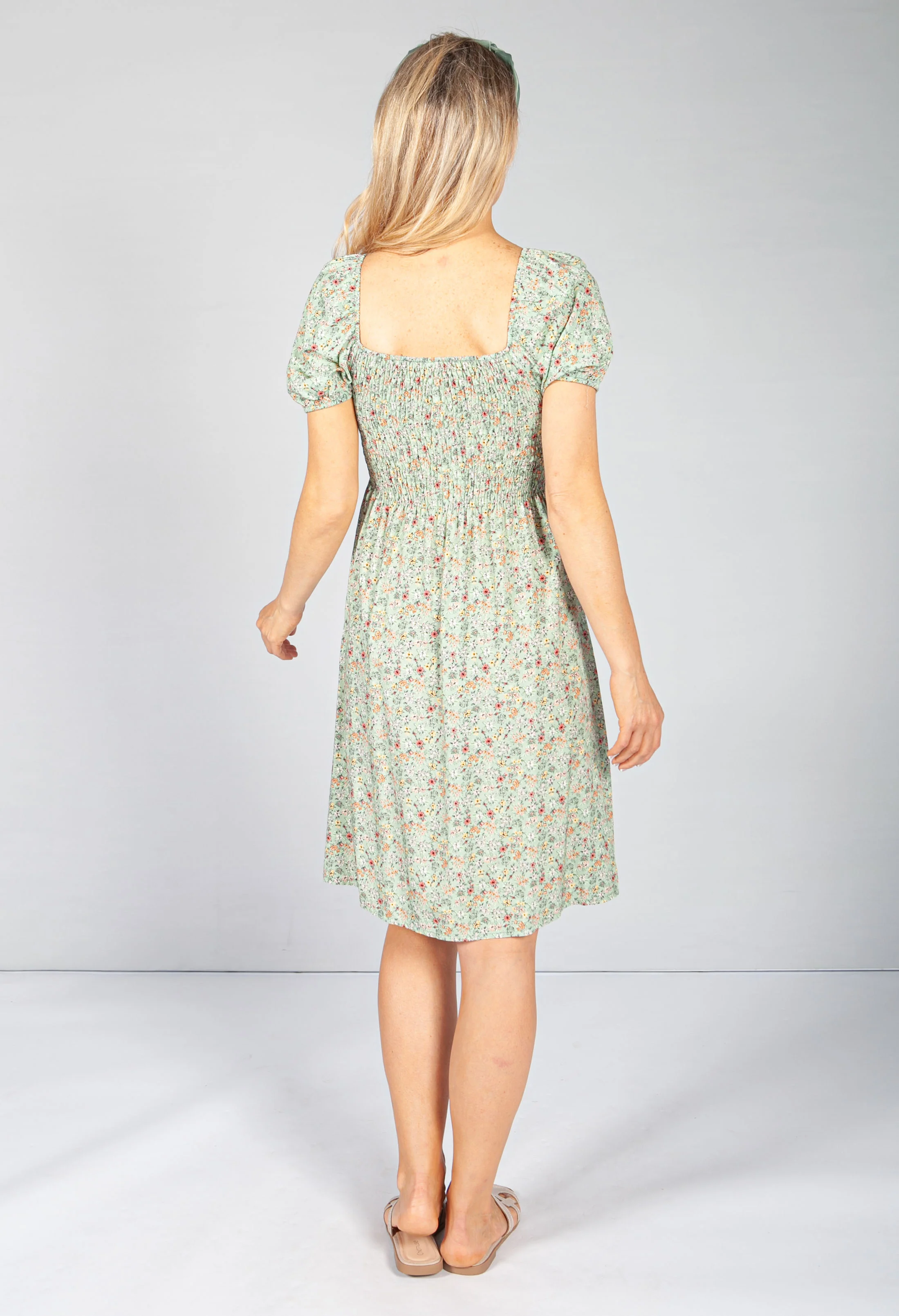 Sage Floral Smock Midi Dress