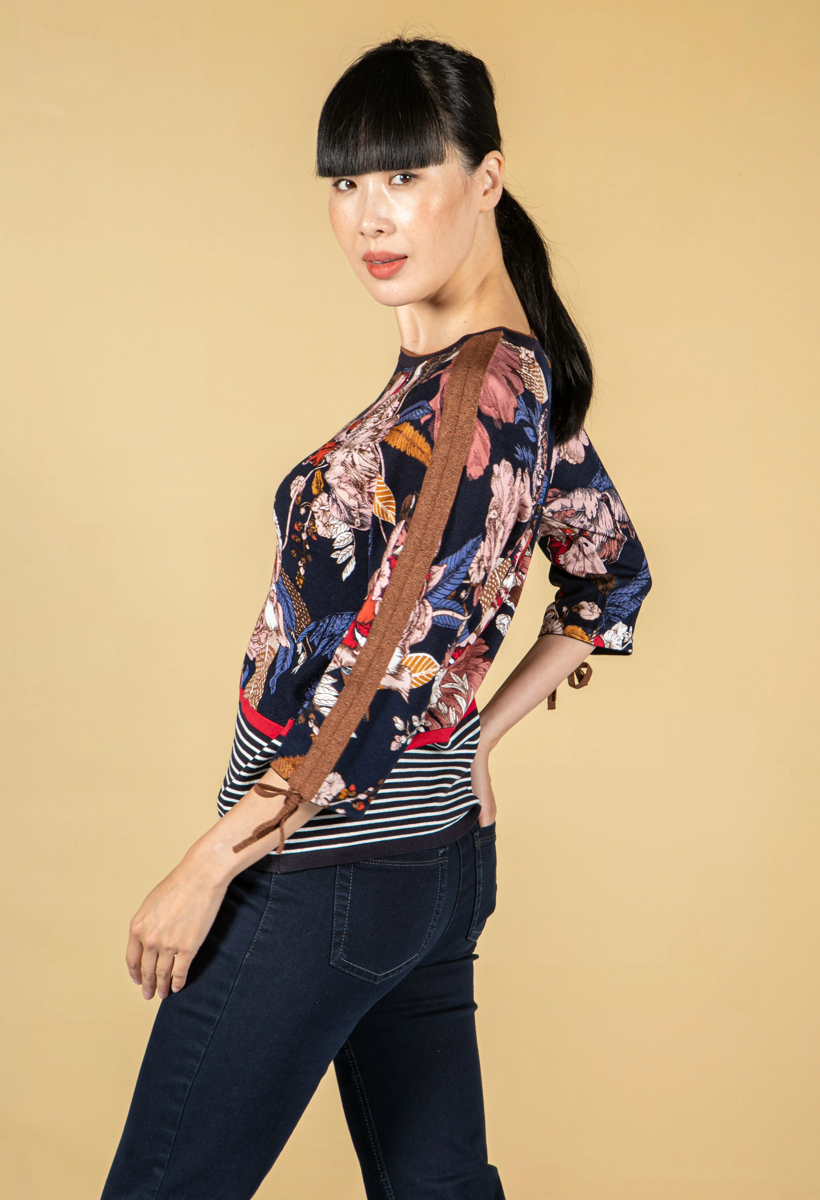 Vintage Floral Print Rhinestone Knit