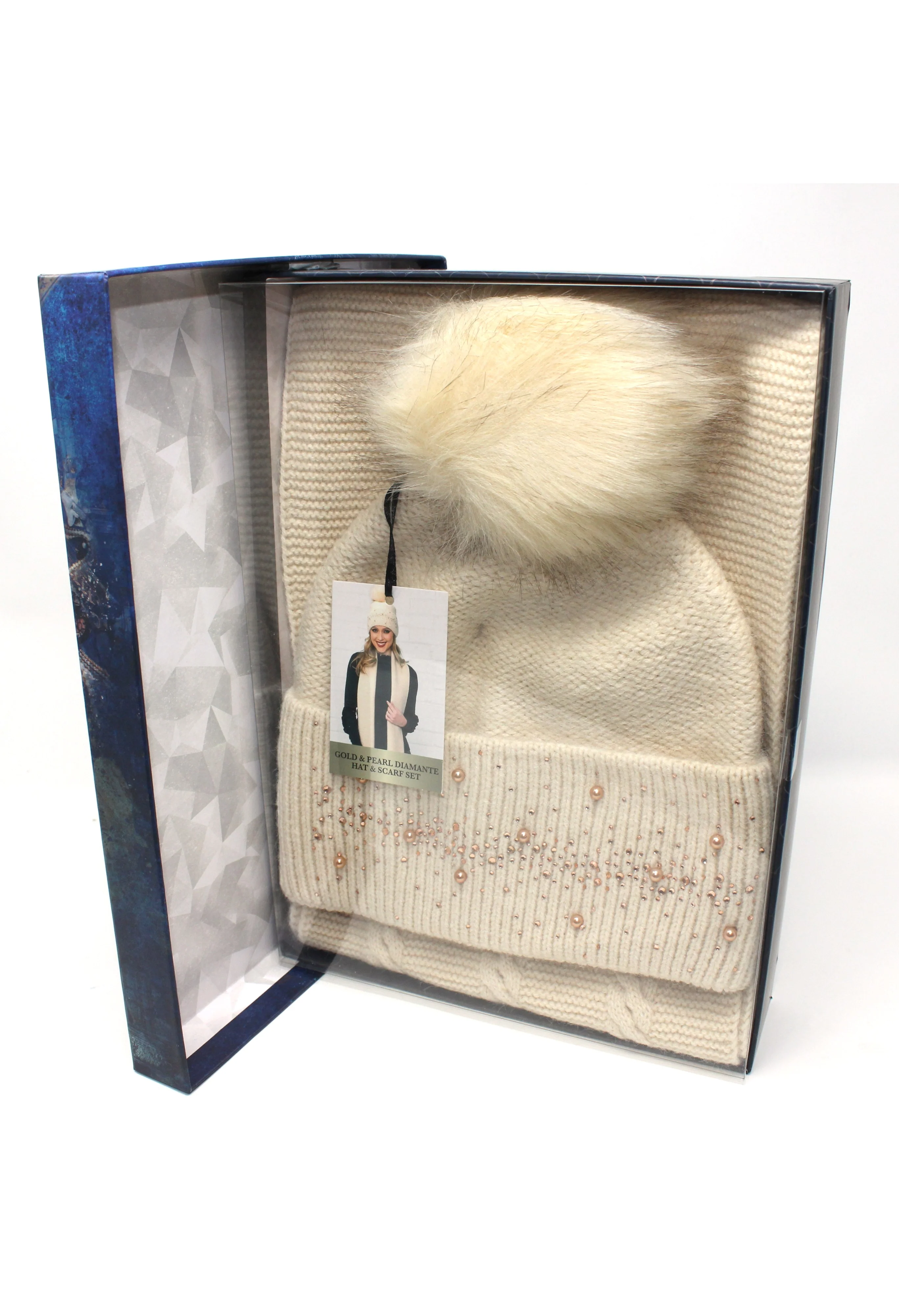 Gold and Pearl Diamante hat and Scarf in Cream