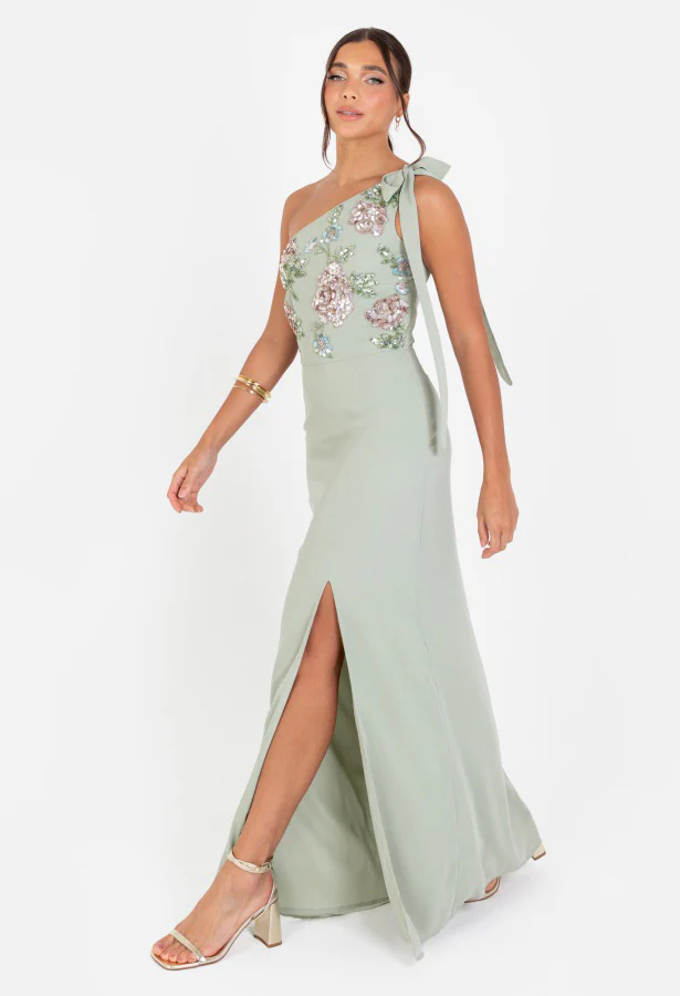 Floral Embellished Self-Tie One Shoulder Maxi Dress