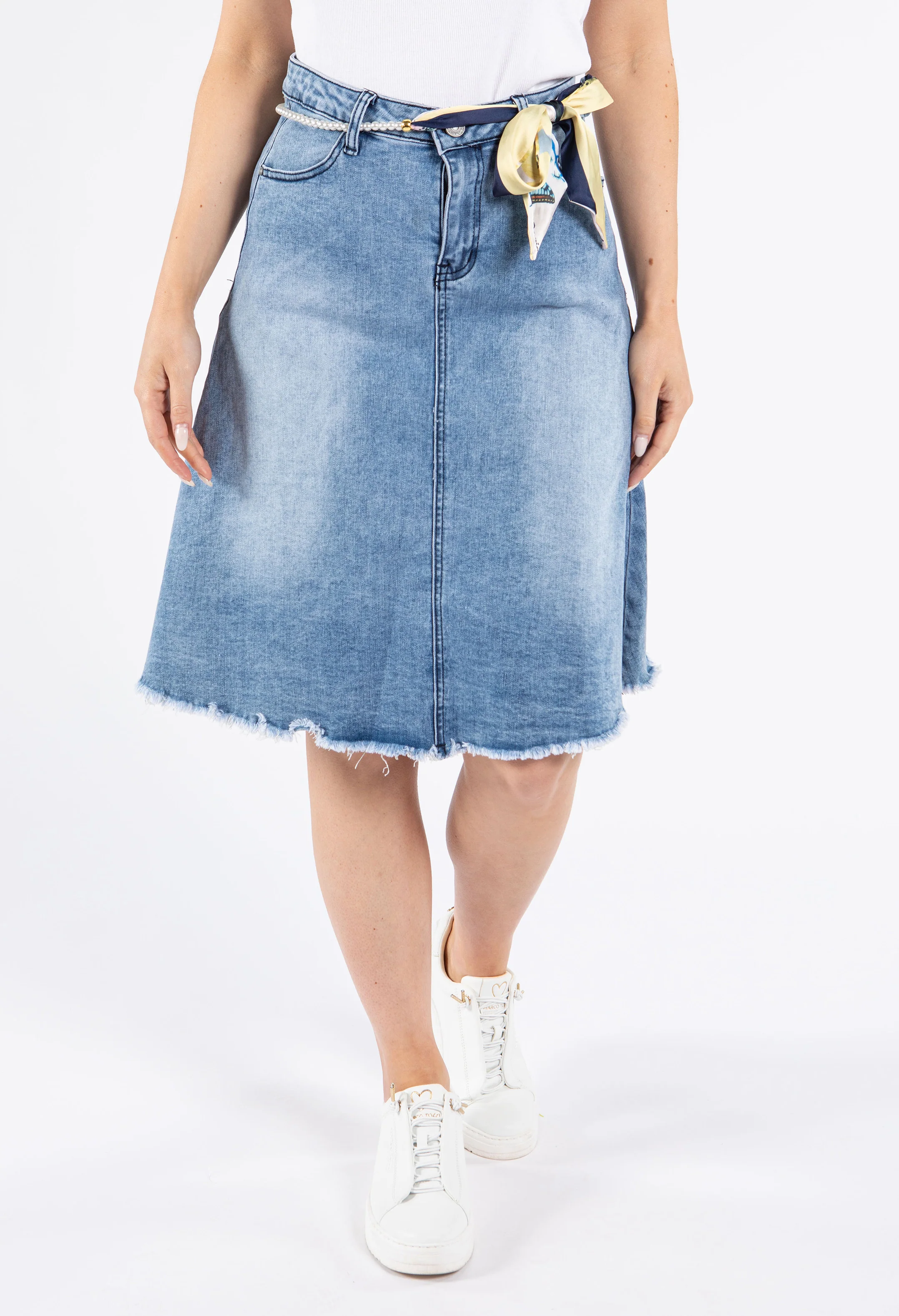 Pearl Satin Belt Denim Skirt