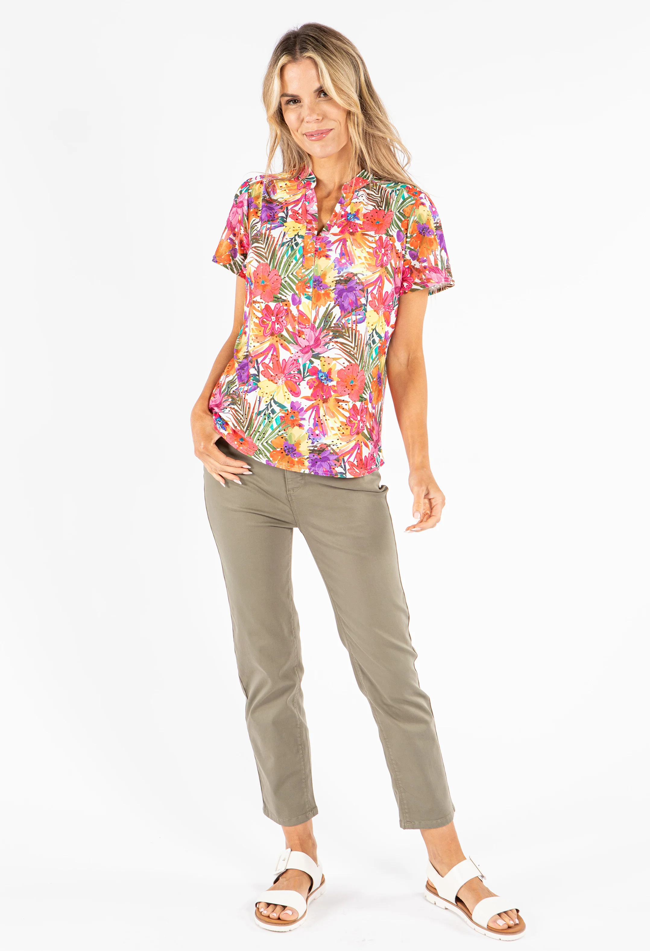 Crochet Detail Floral Print V-Neck Top