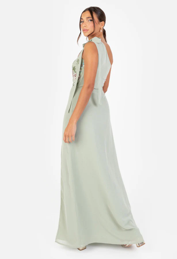 Floral Embellished Self-Tie One Shoulder Maxi Dress