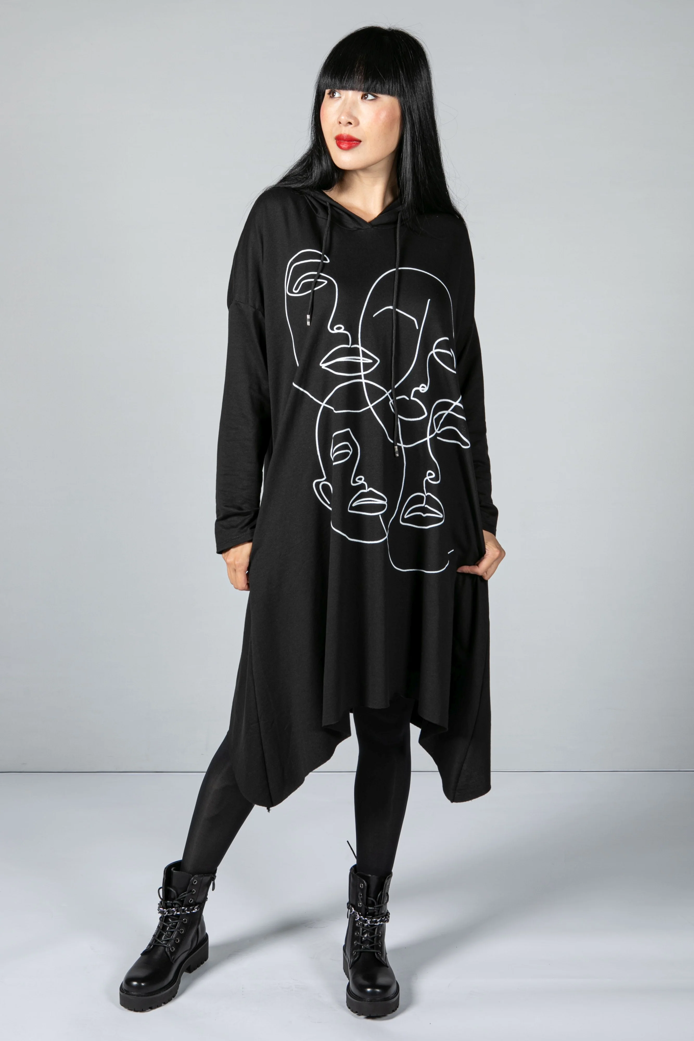 Oversized Graphic Hooded Tunic in Black