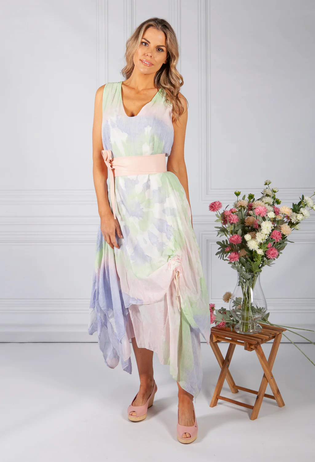 Tie Dye Boho Dress in Pink and Green