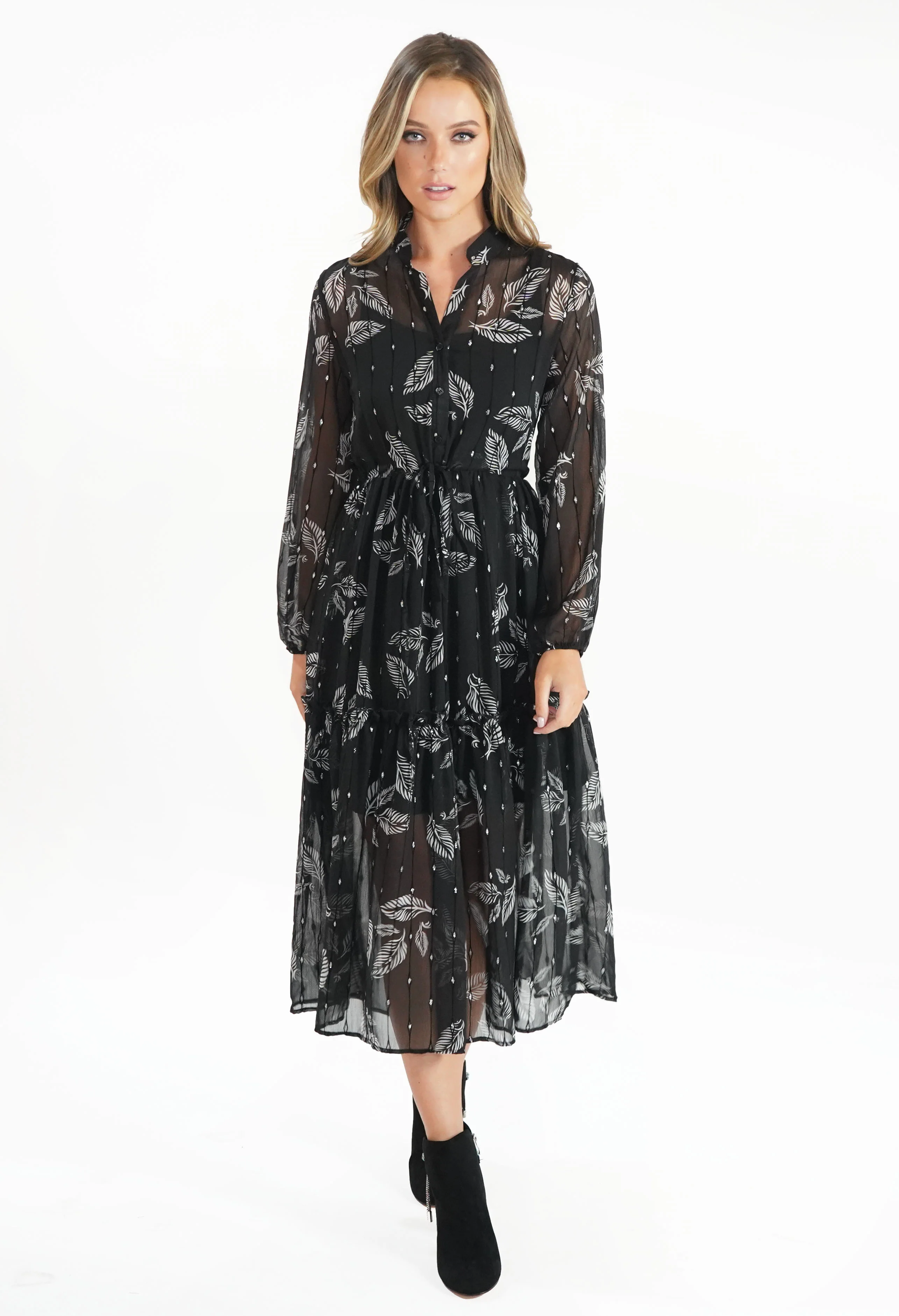Black Leaf Print and Metallic Detail Midi Dress