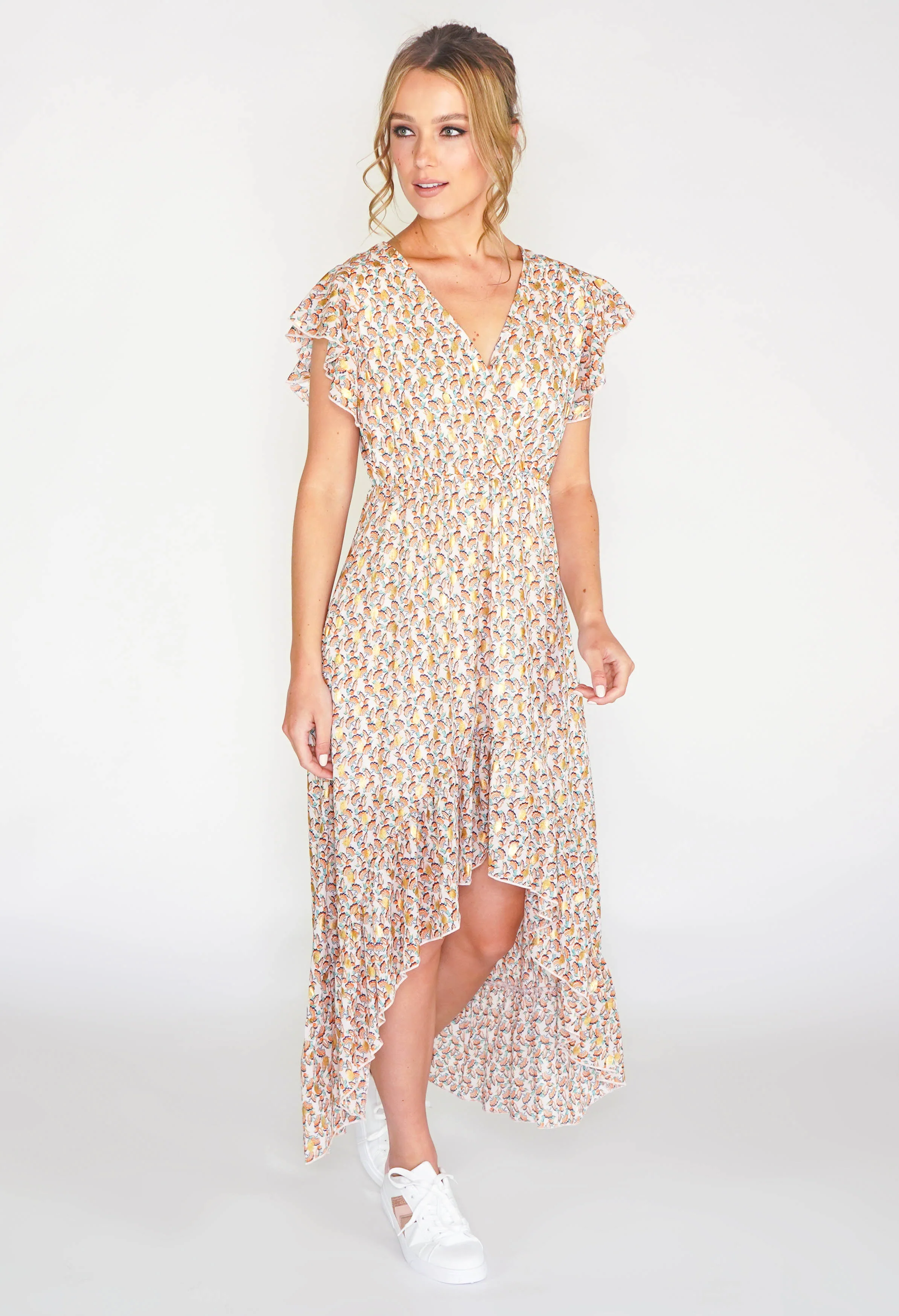 Leaf printed high low dress with foil detail in beige