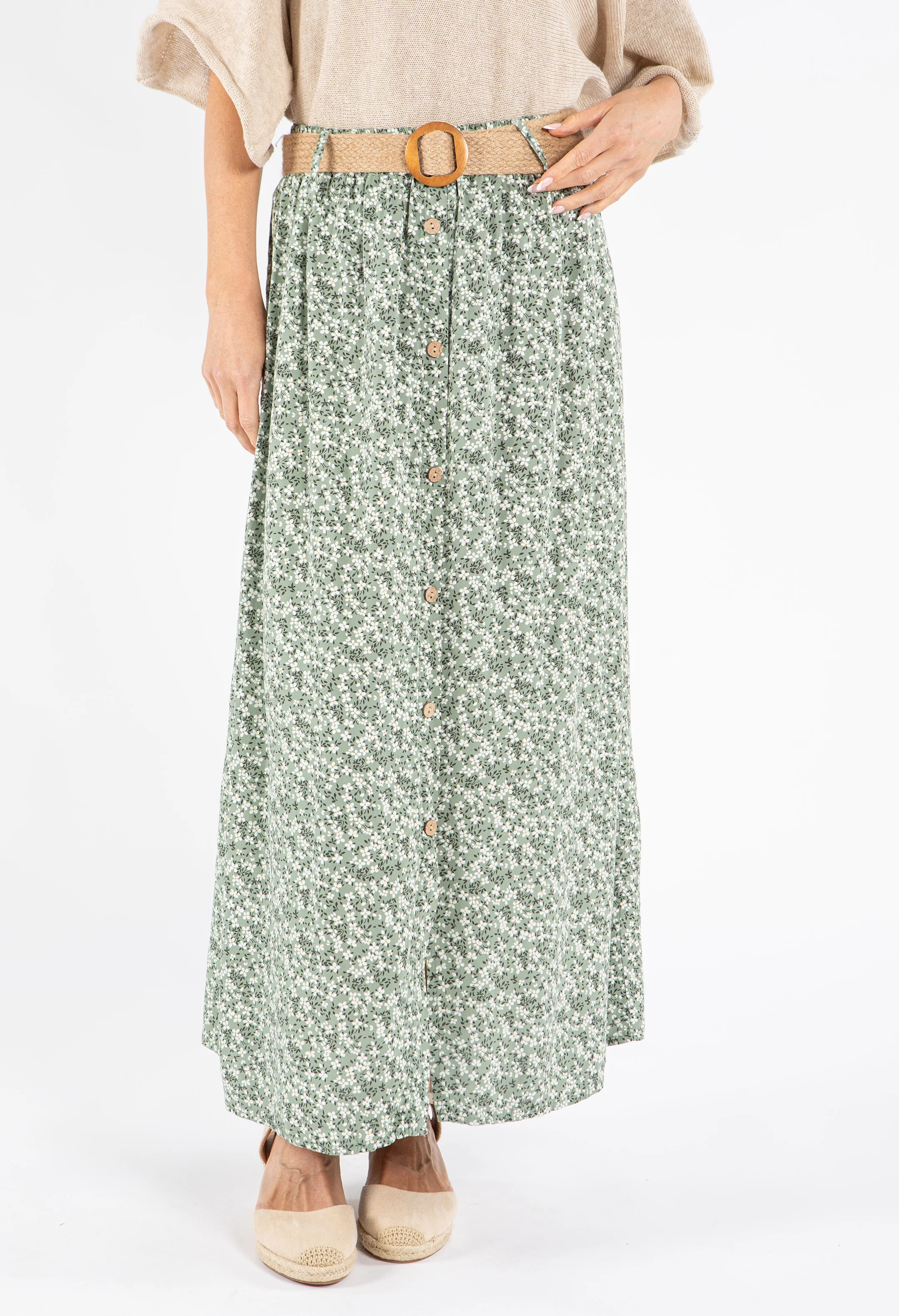 Belted Daisy Print Maxi Skirt