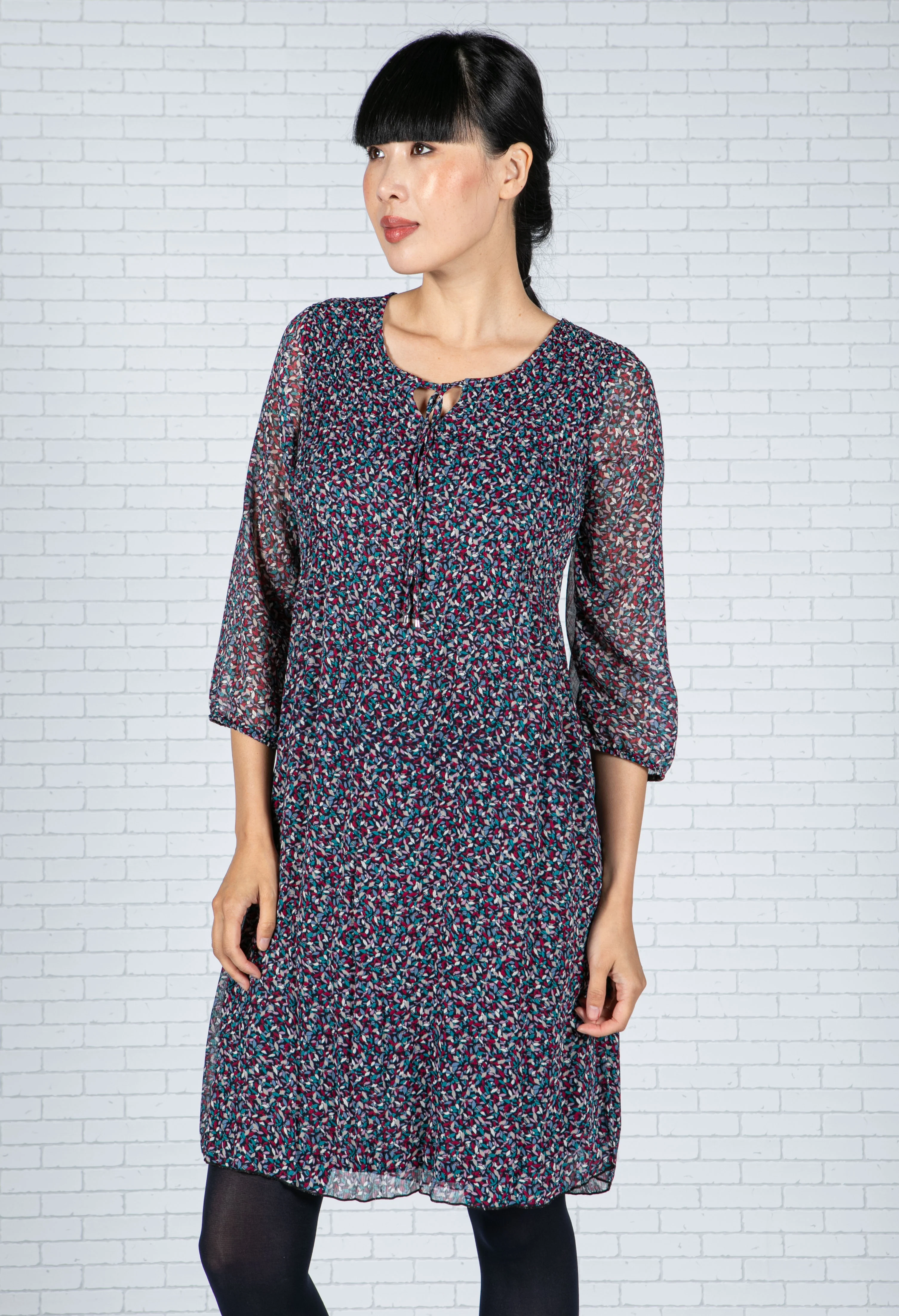 Printed Plisse Dress in Navy