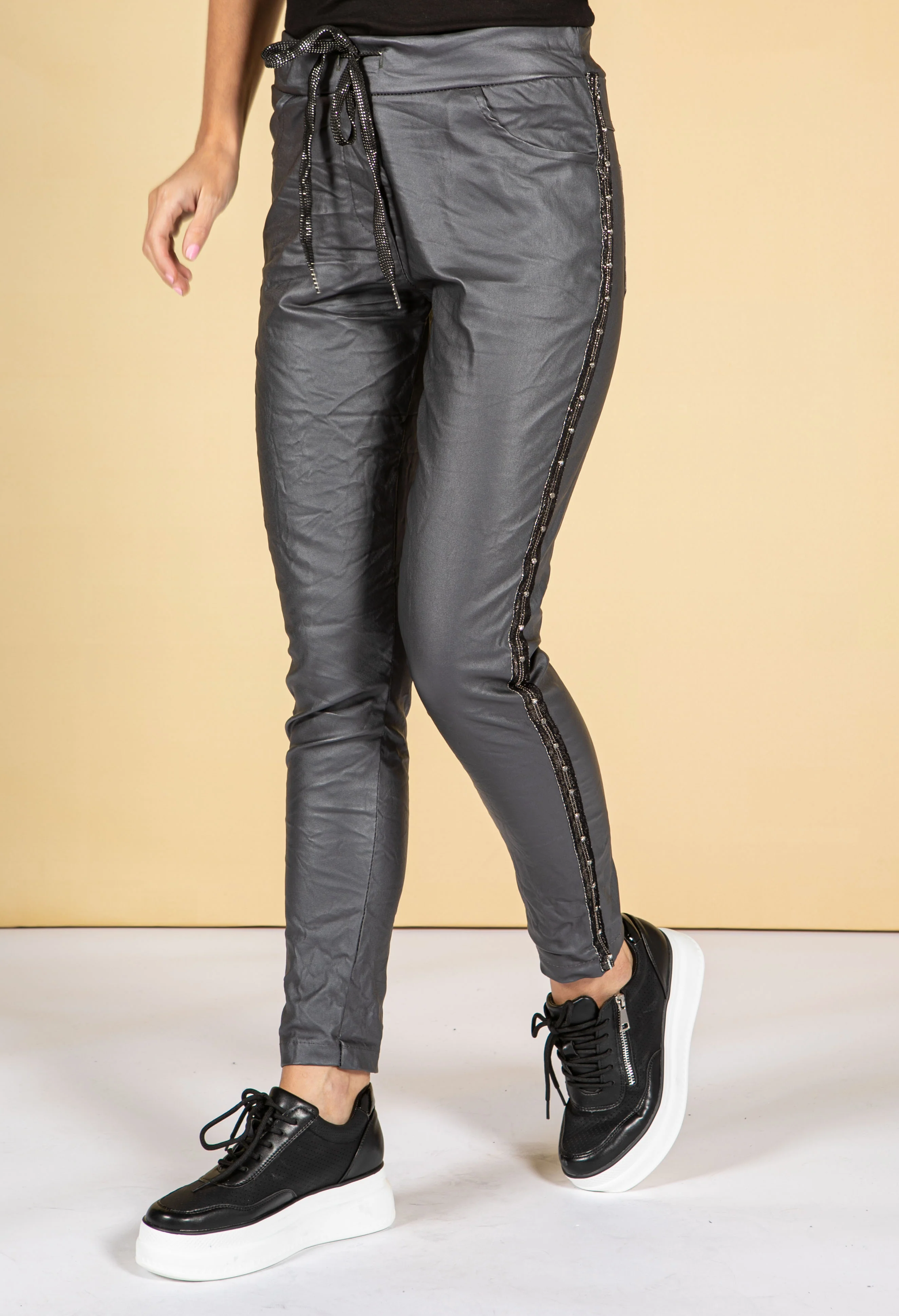 Leatherette Joggers in Charcoal Grey