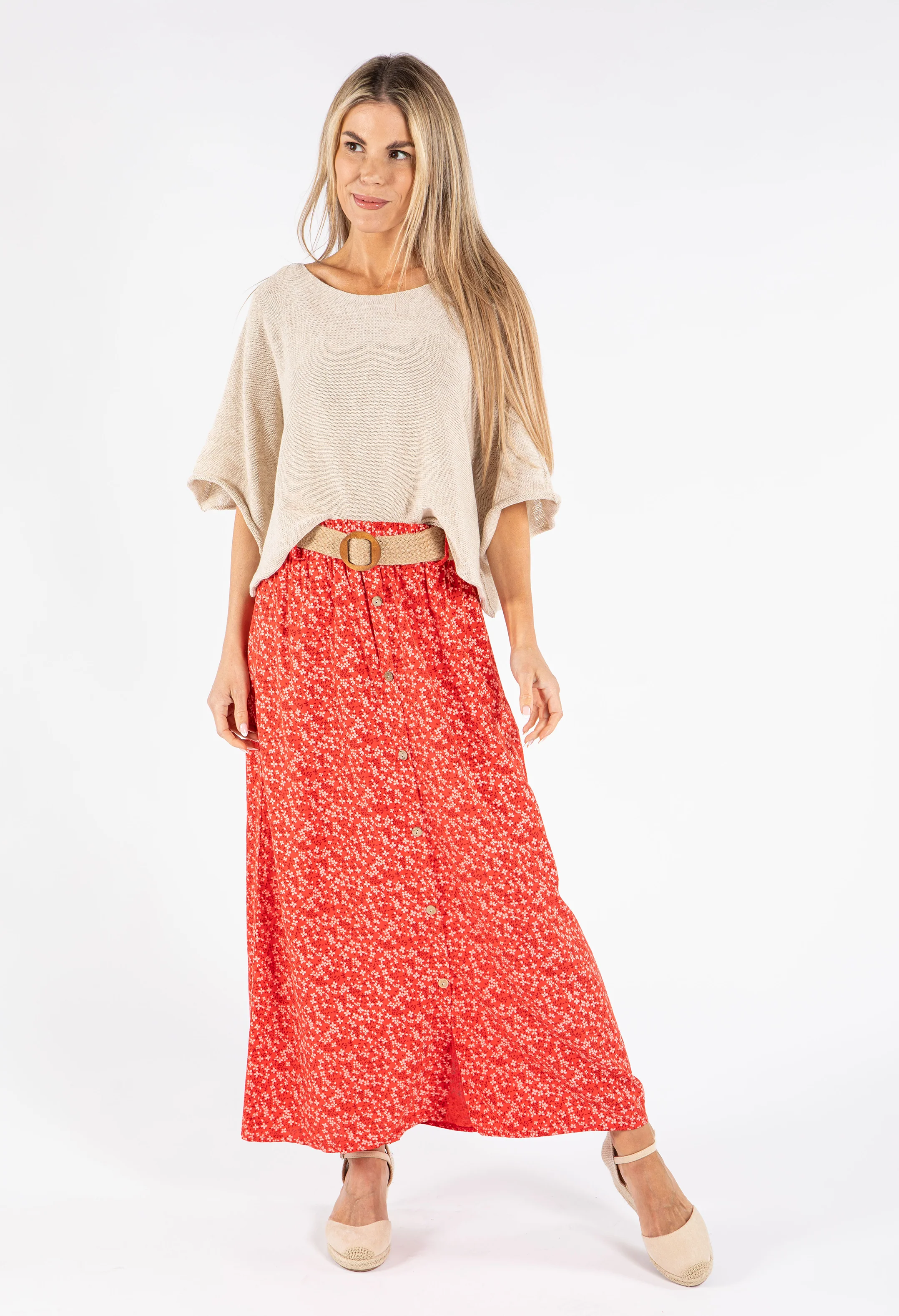 Belted Daisy Print Maxi Skirt