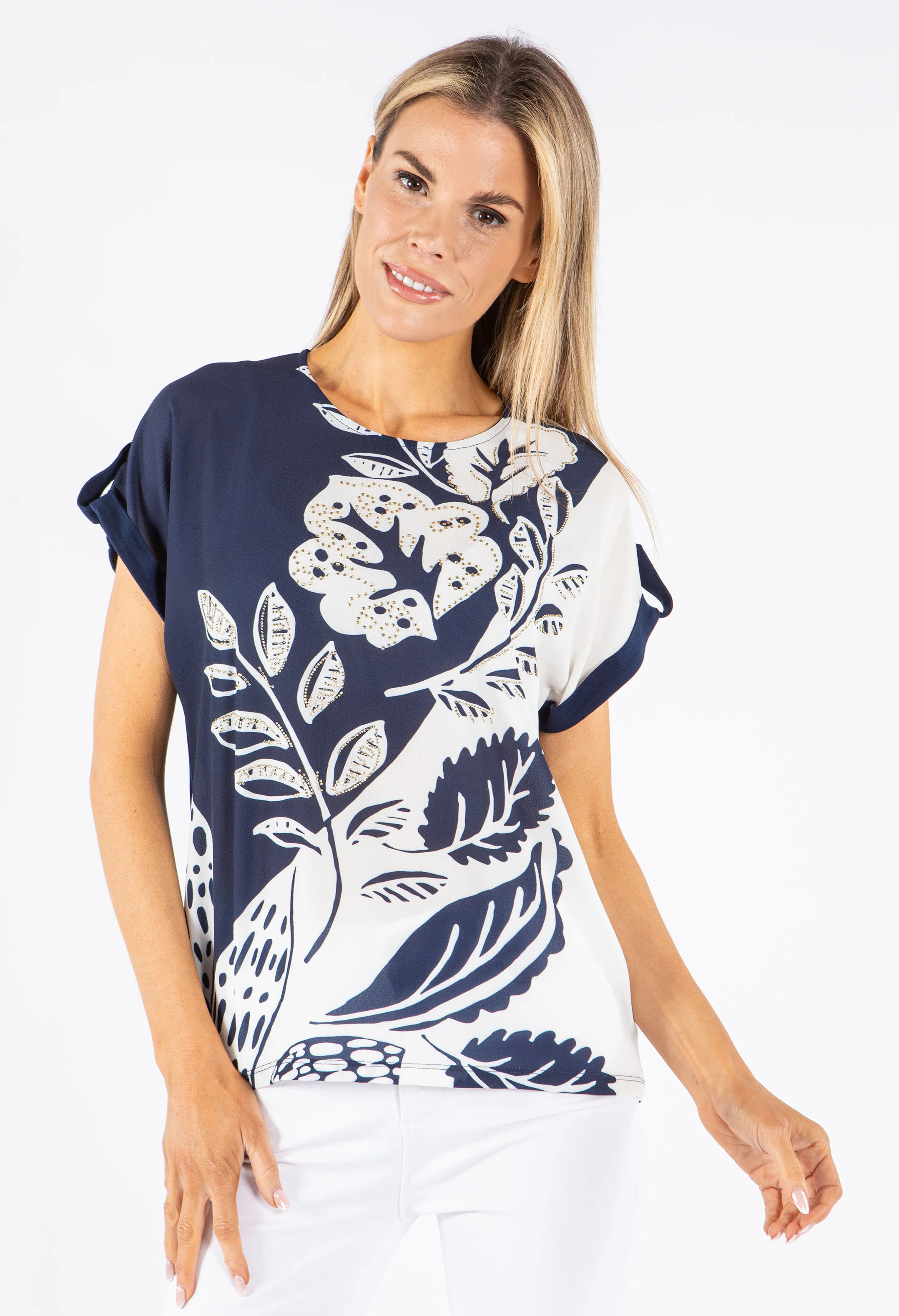 Leaf Print Rhinestone Top