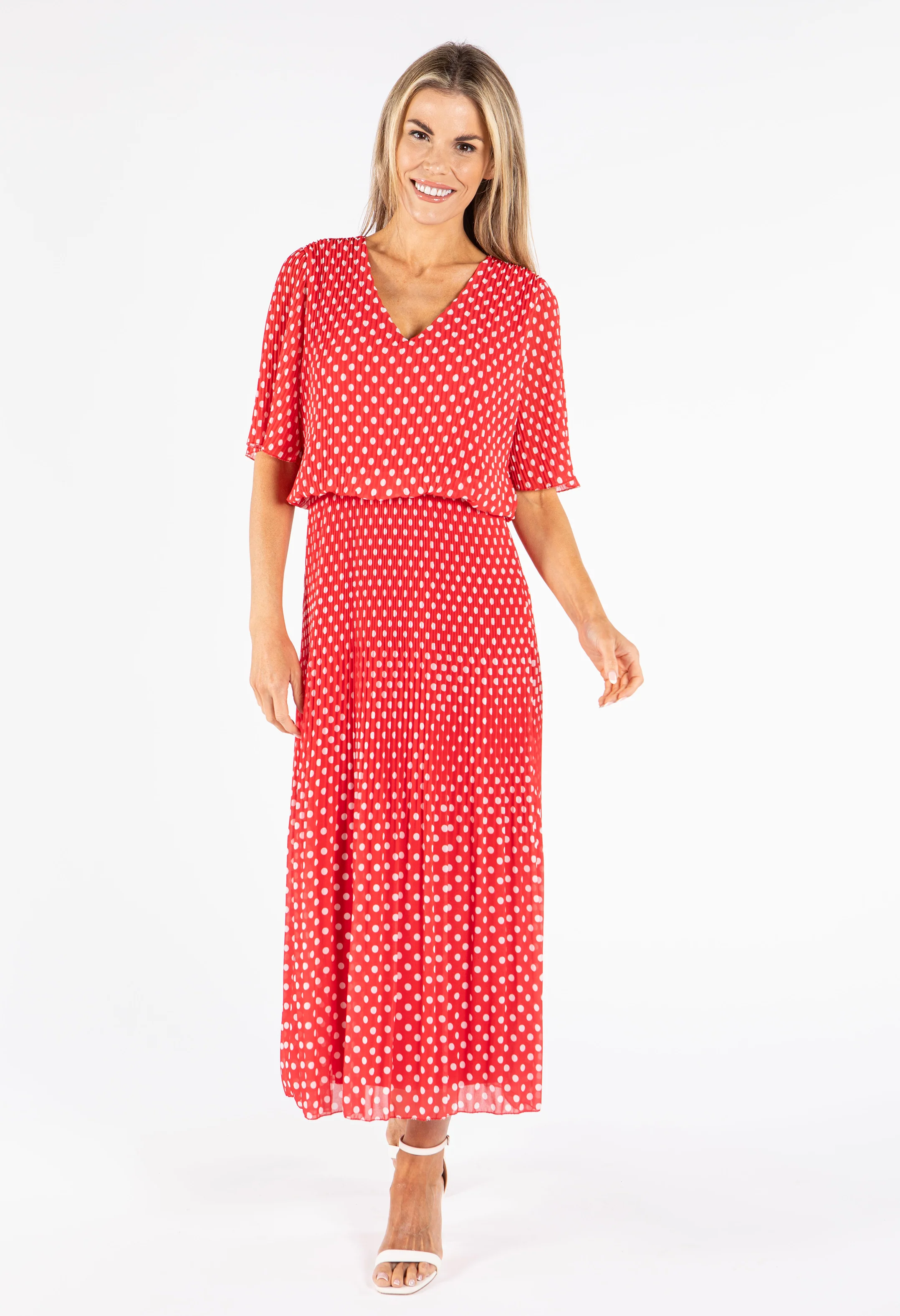 Plisse Pleat Polka Dot Maxi Dress