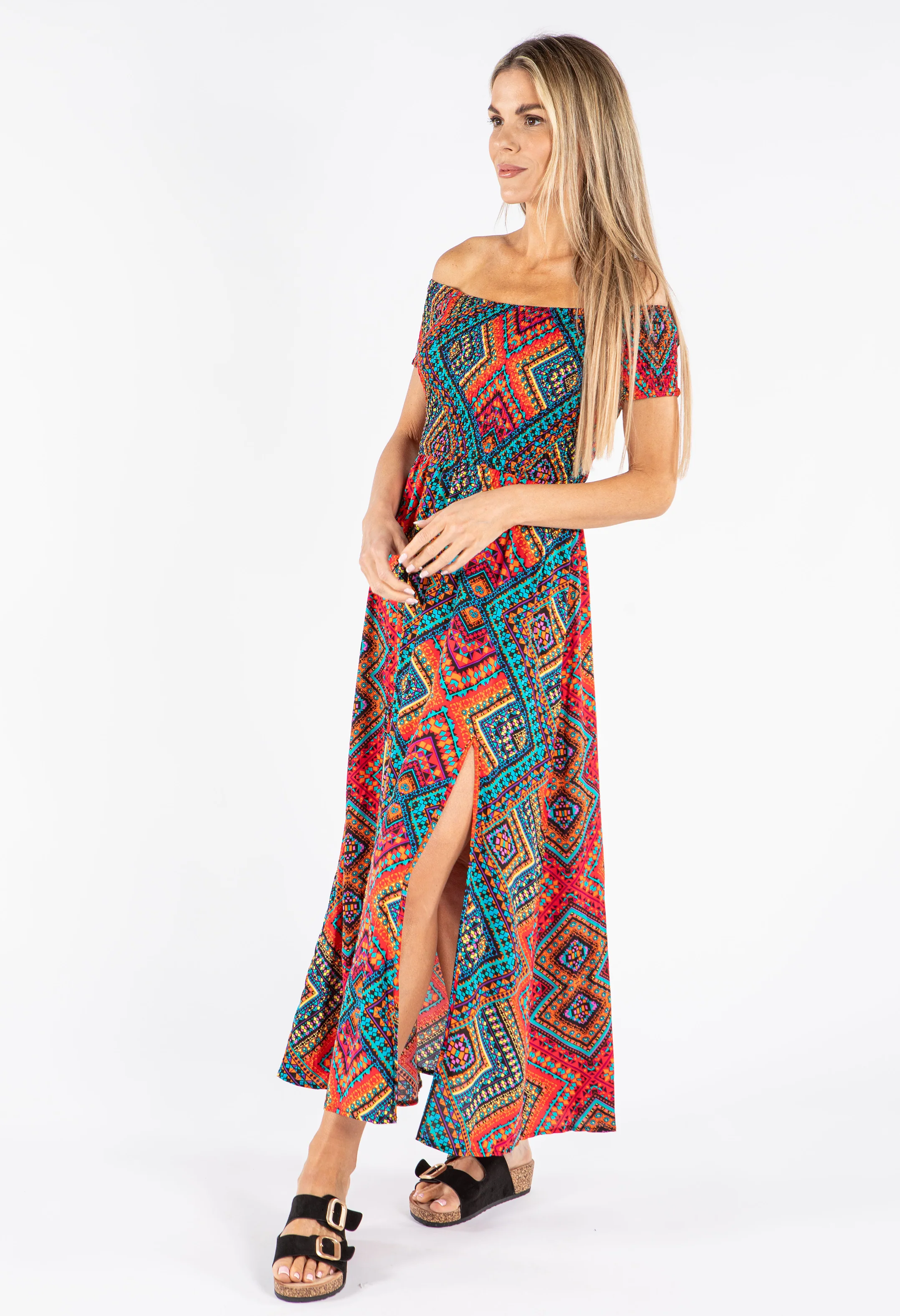 Smocking Bodice Aztec Print Dress