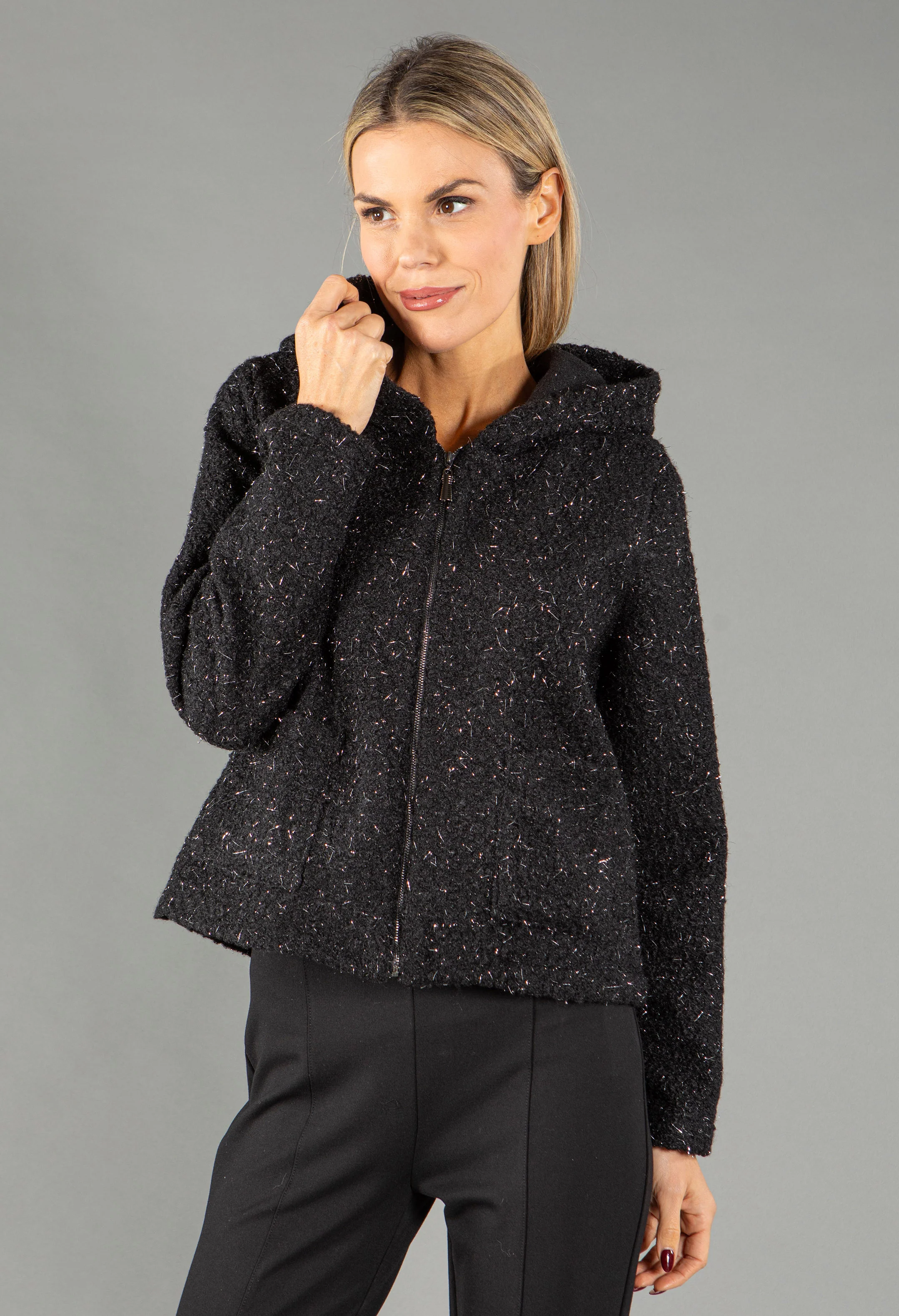 Foiling Detail Zip Up Boucle Jacket