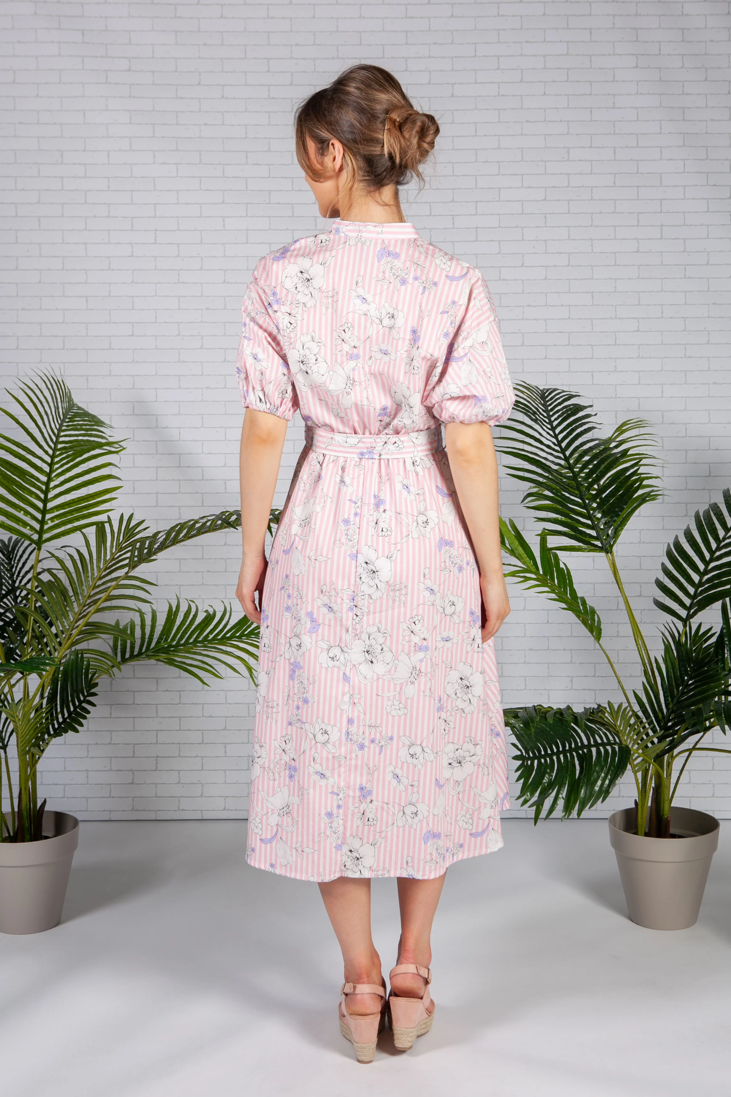 Pink Stripe Floral Print Midi Dress