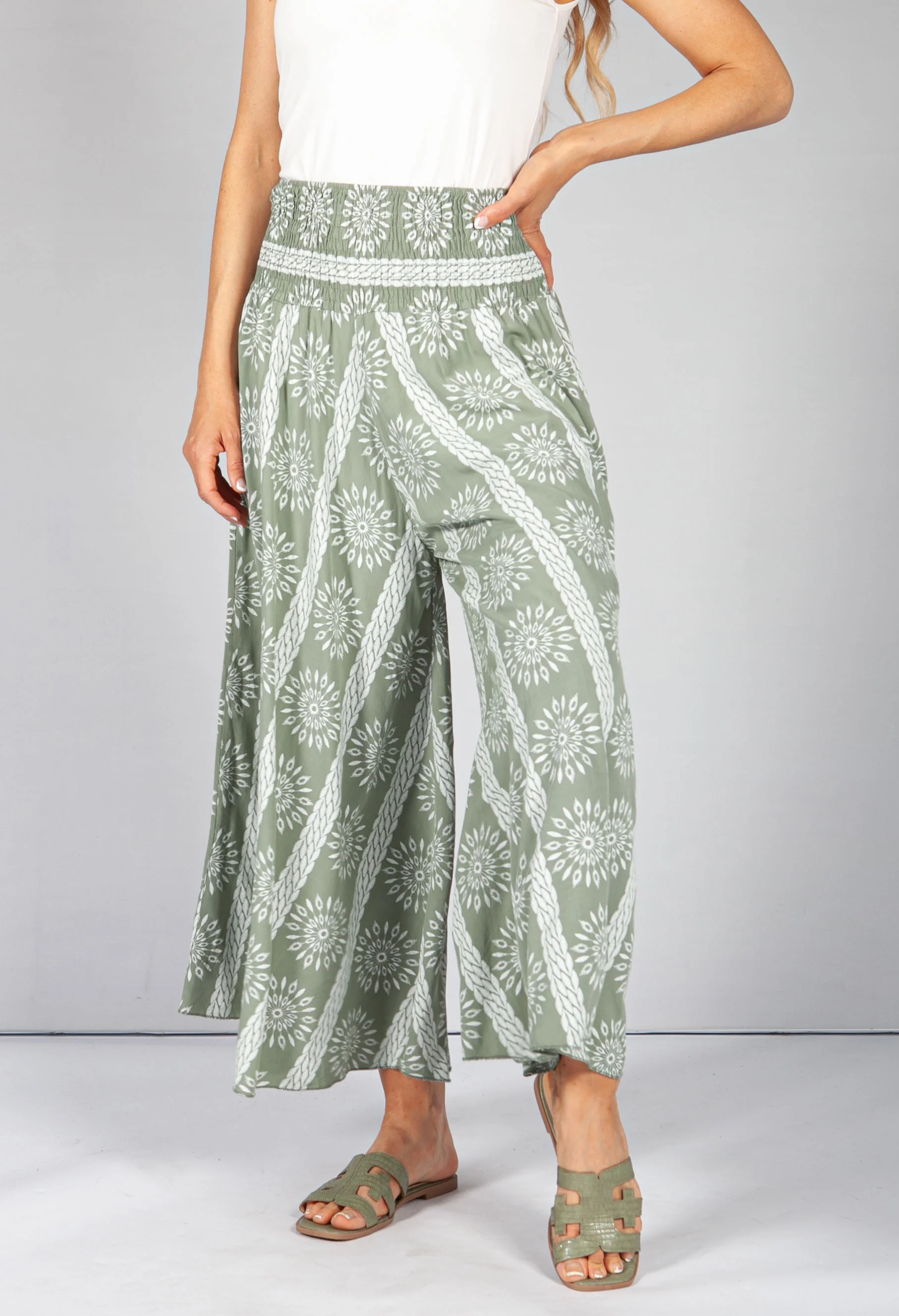Summer Burst Print Trousers in Sage