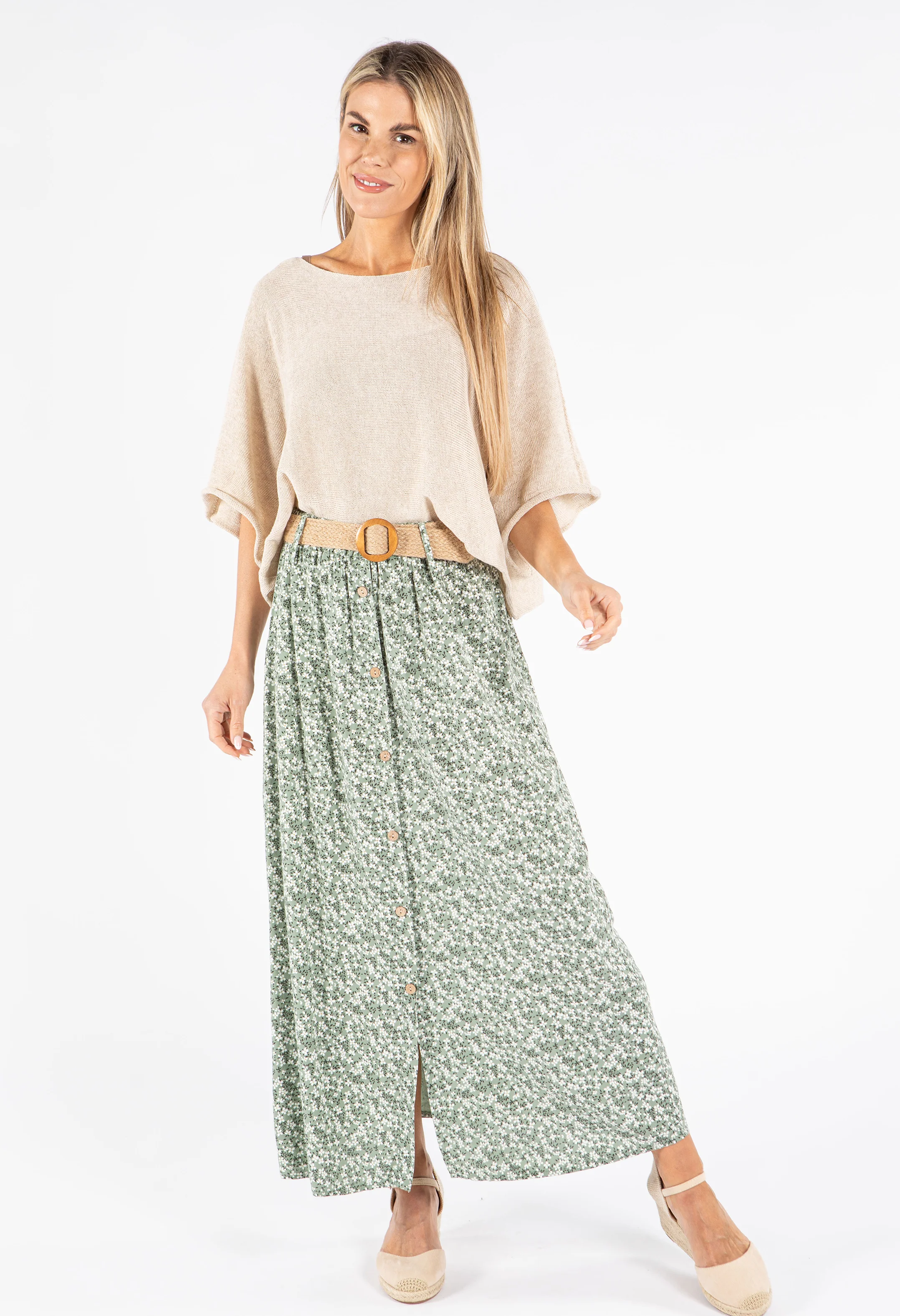 Belted Daisy Print Maxi Skirt