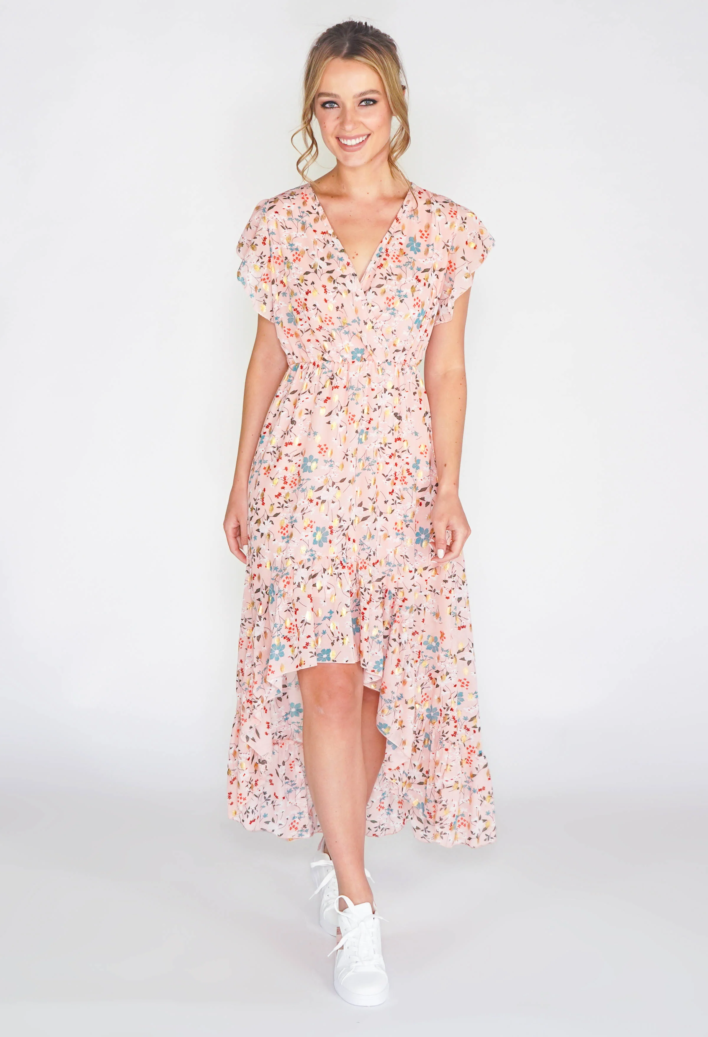 Floral high low dress with foil detail in pink -1