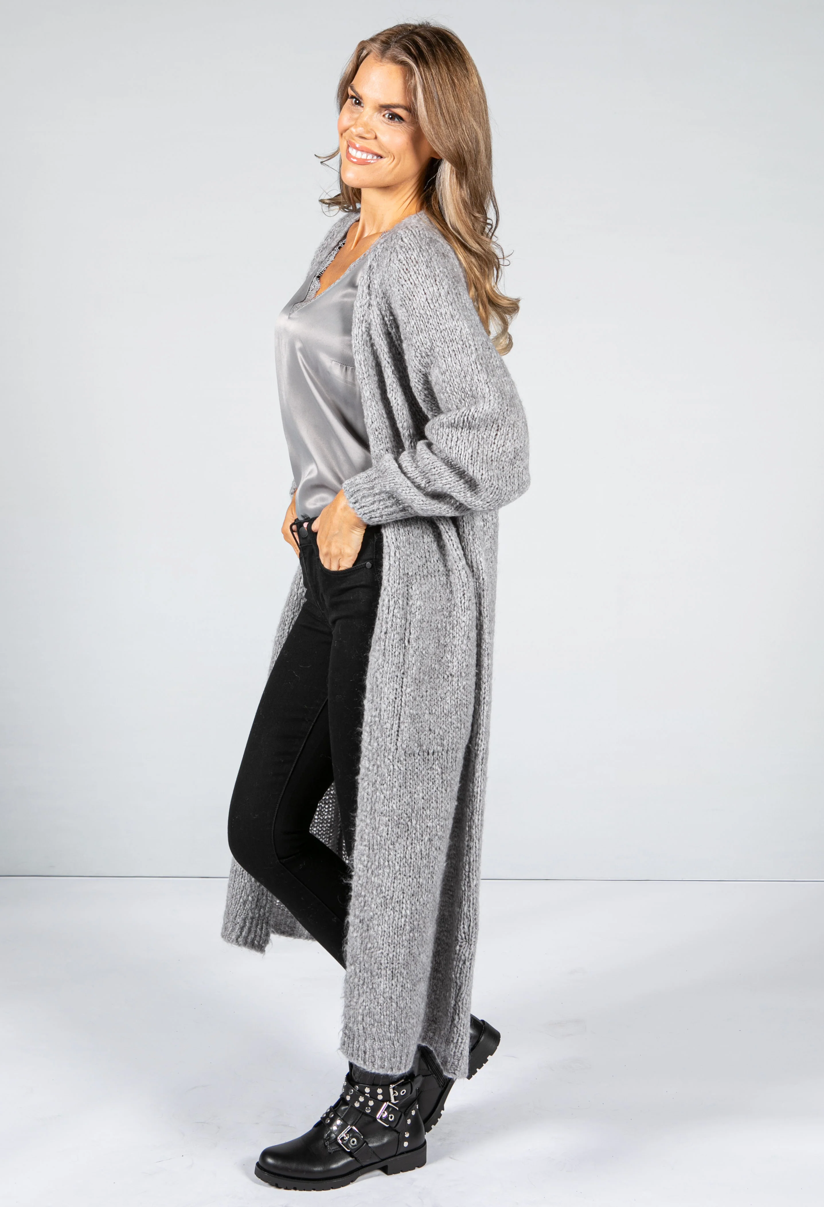 Mid Grey Chunky Knit Long Cardigan