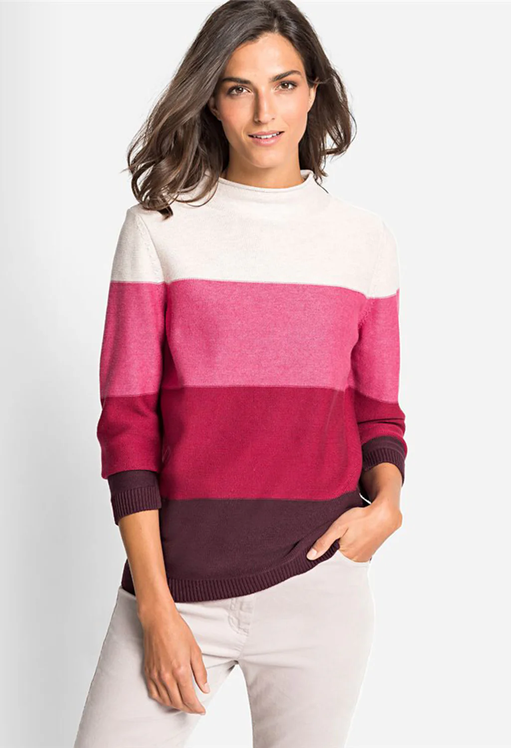 Stand Up Collar Sweater with Block Stripes