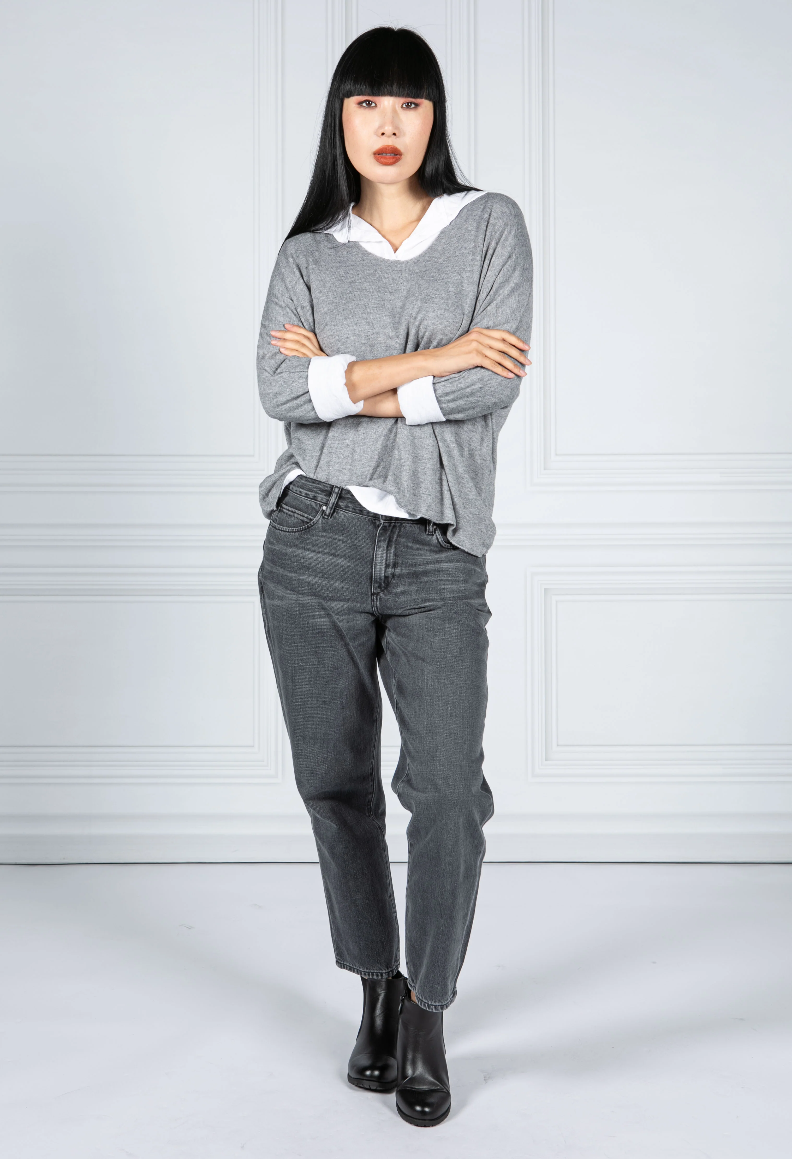 V NECK JUMPER WITH SHIRT DETAIL IN GREY