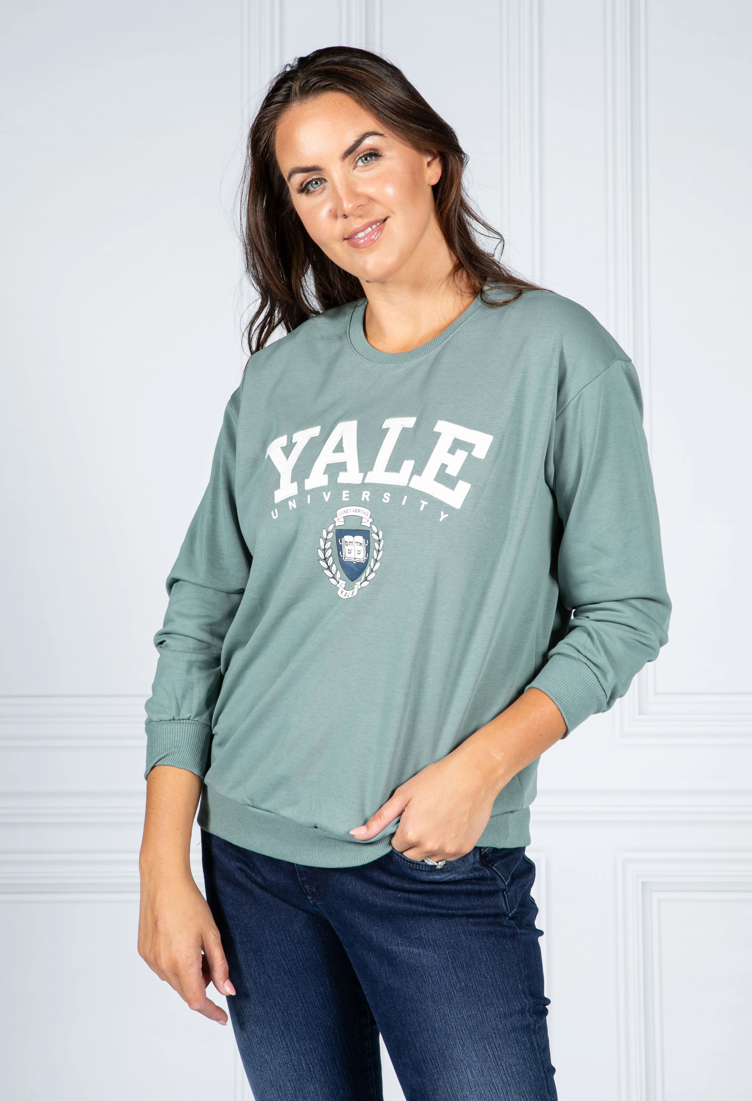 PAMELA SCOTT VARSITY CREW NECK JUMPER IN TEAL