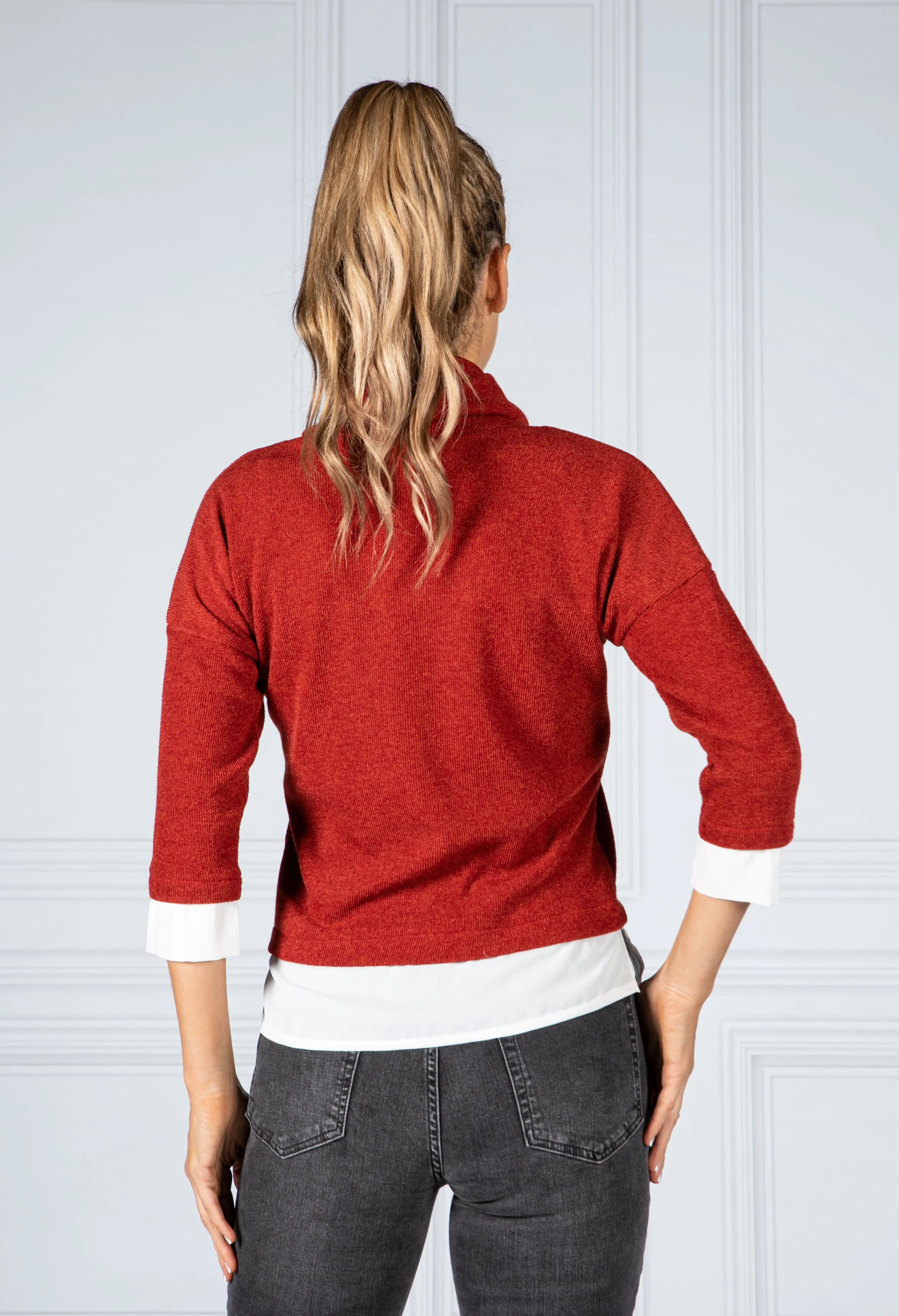 Fine Knit Cowl Neck Top with under-shirt detail in Burnt Orange