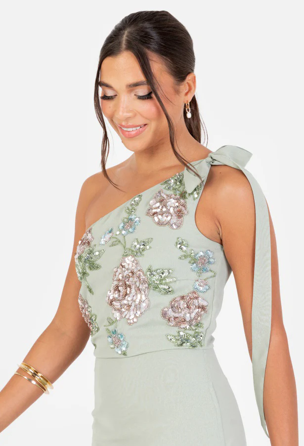 Floral Embellished Self-Tie One Shoulder Maxi Dress