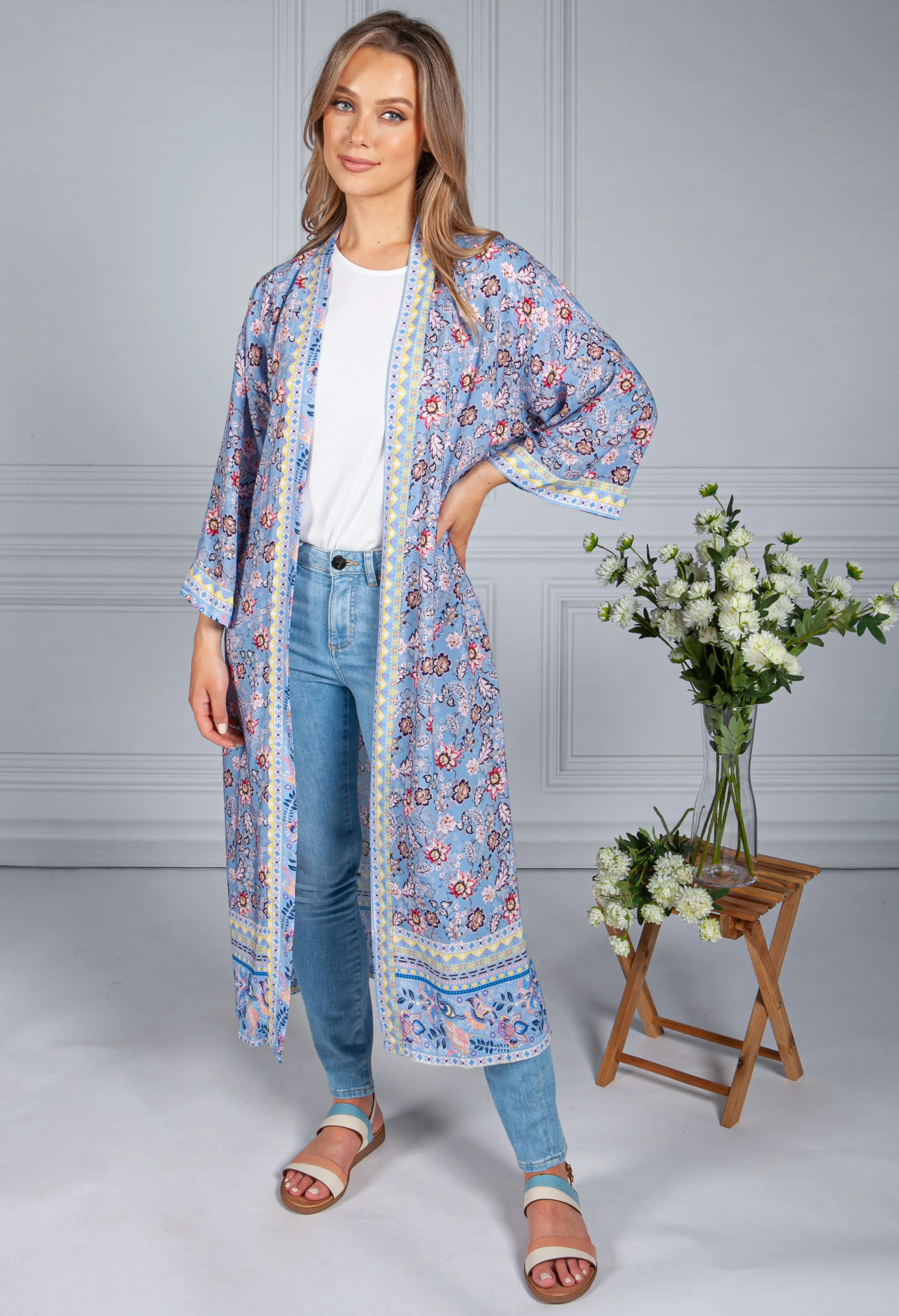 Vintage Floral Print Long Kimono Style Cardigan in Corn Flower Blue