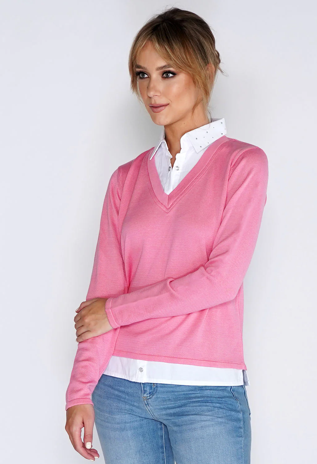 2-IN-1 COTTON BLEND V NECK TOP