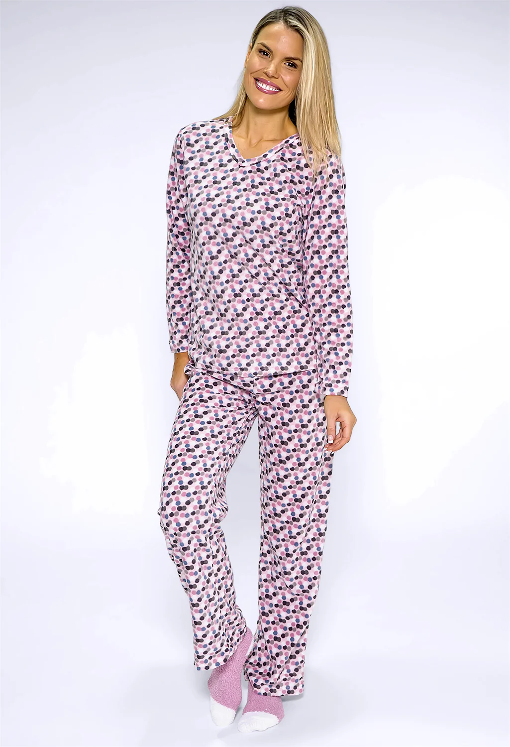 3 piece microfleece polka dot print pyjama set with plush socks