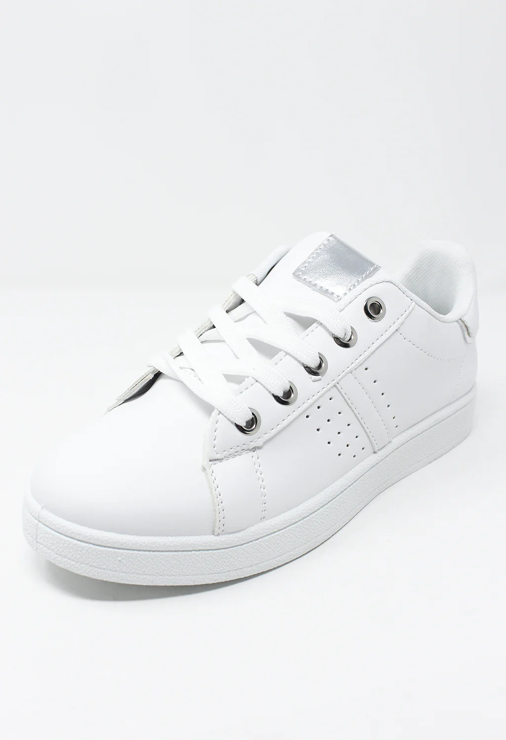 White laced trainer with silver