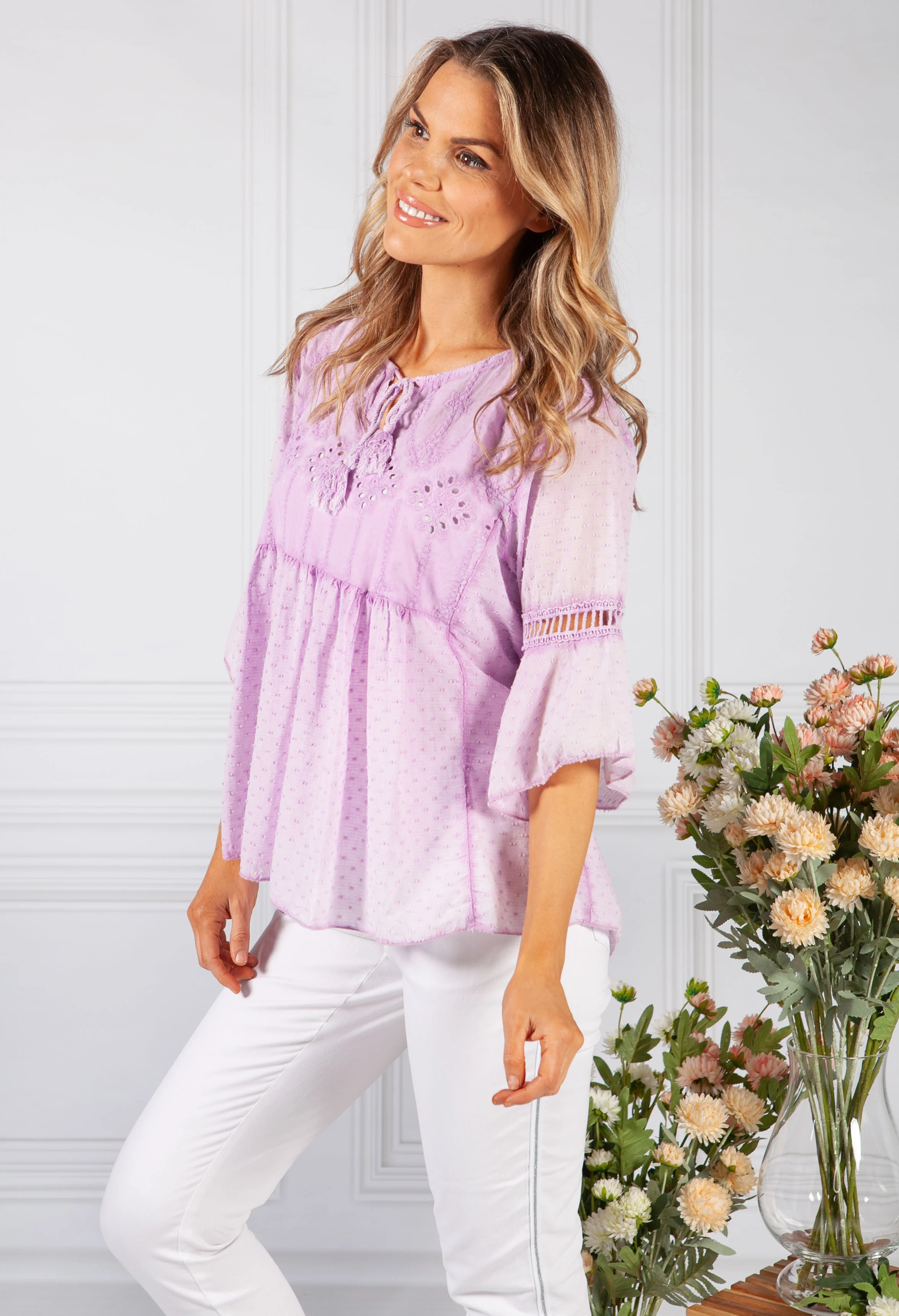 Faded Lilac Linen Look Blouse with Embroidered Detailing