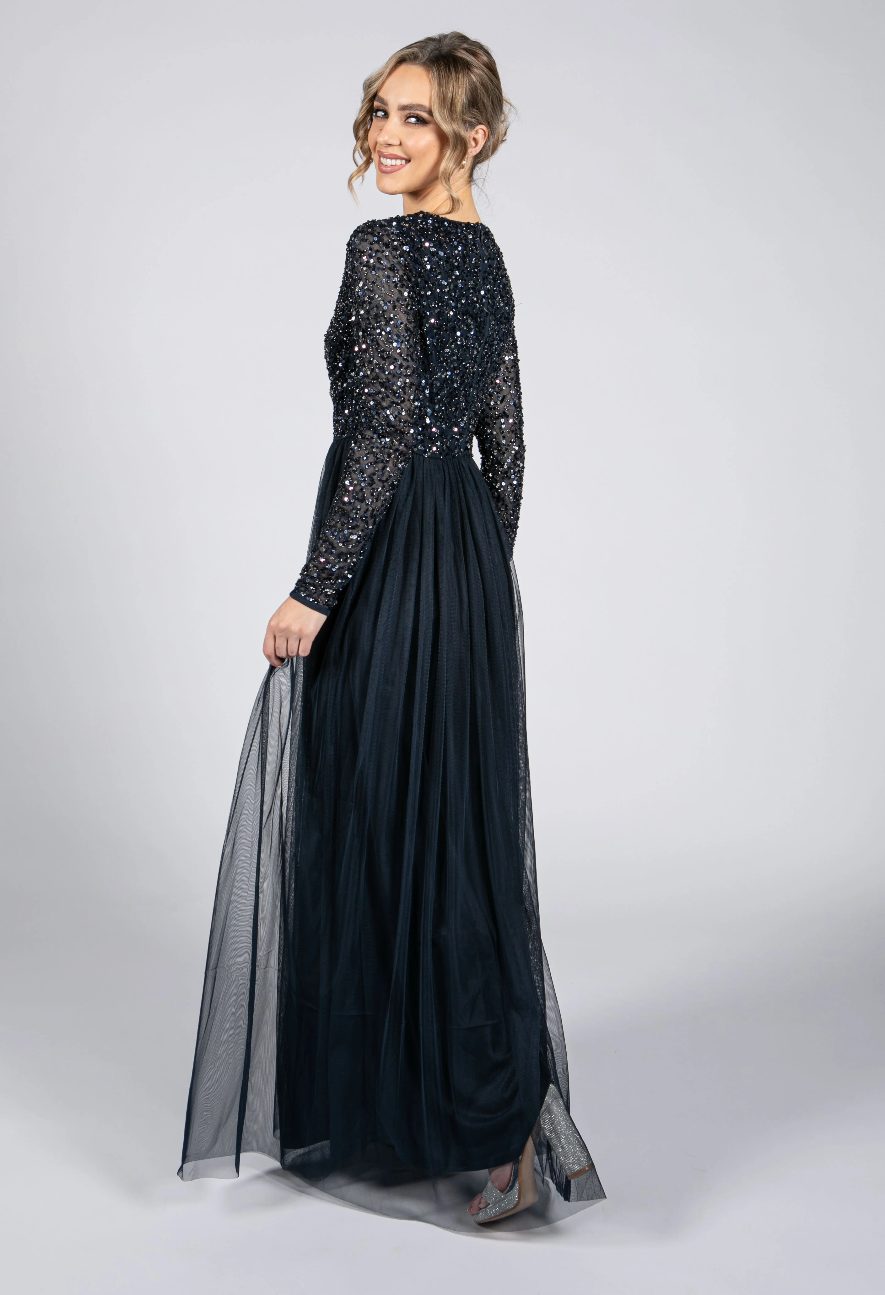 Navy Long Sleeve Tulle and Sequin Dress