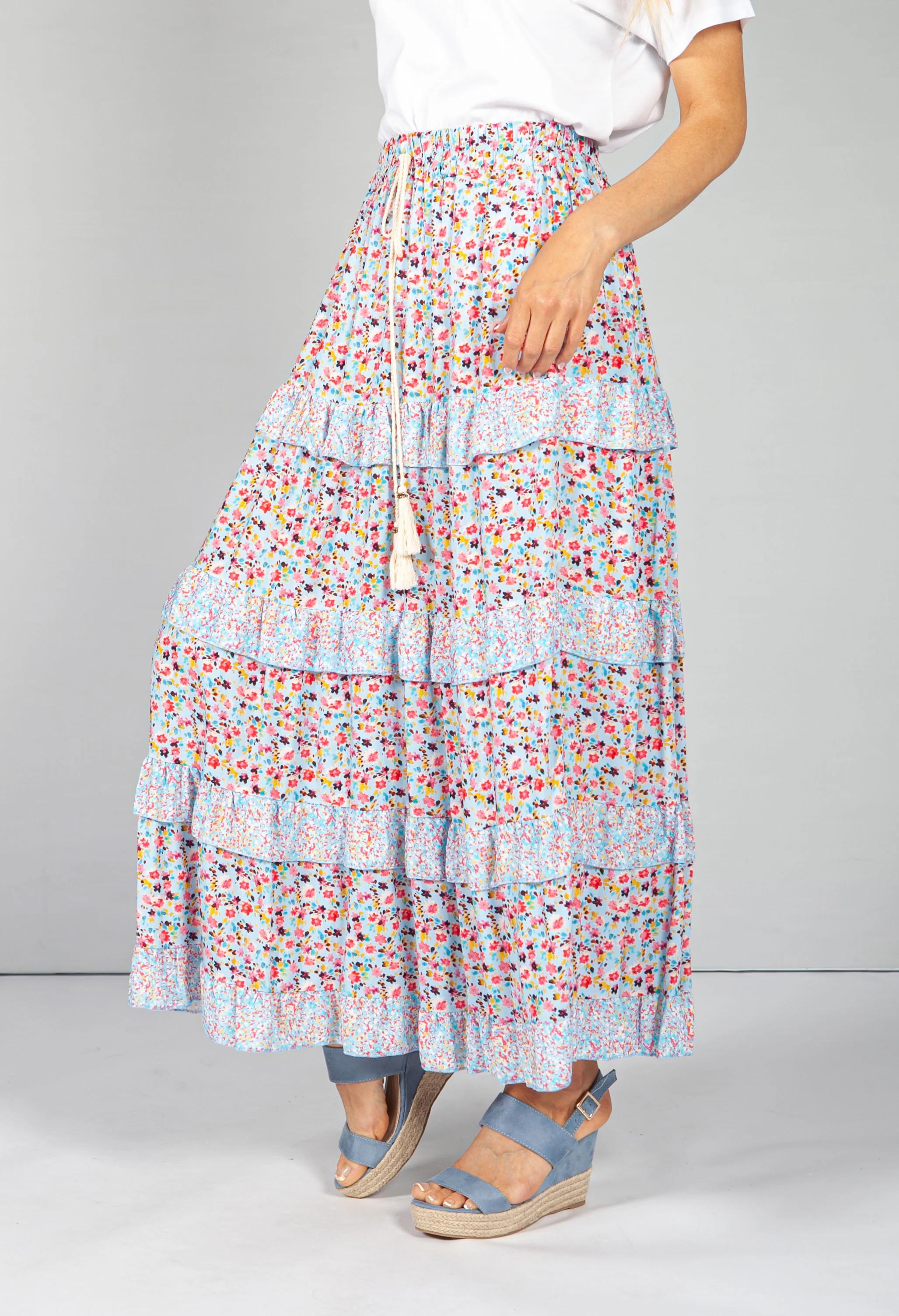 Blue & Pink Floral Maxi Skirt