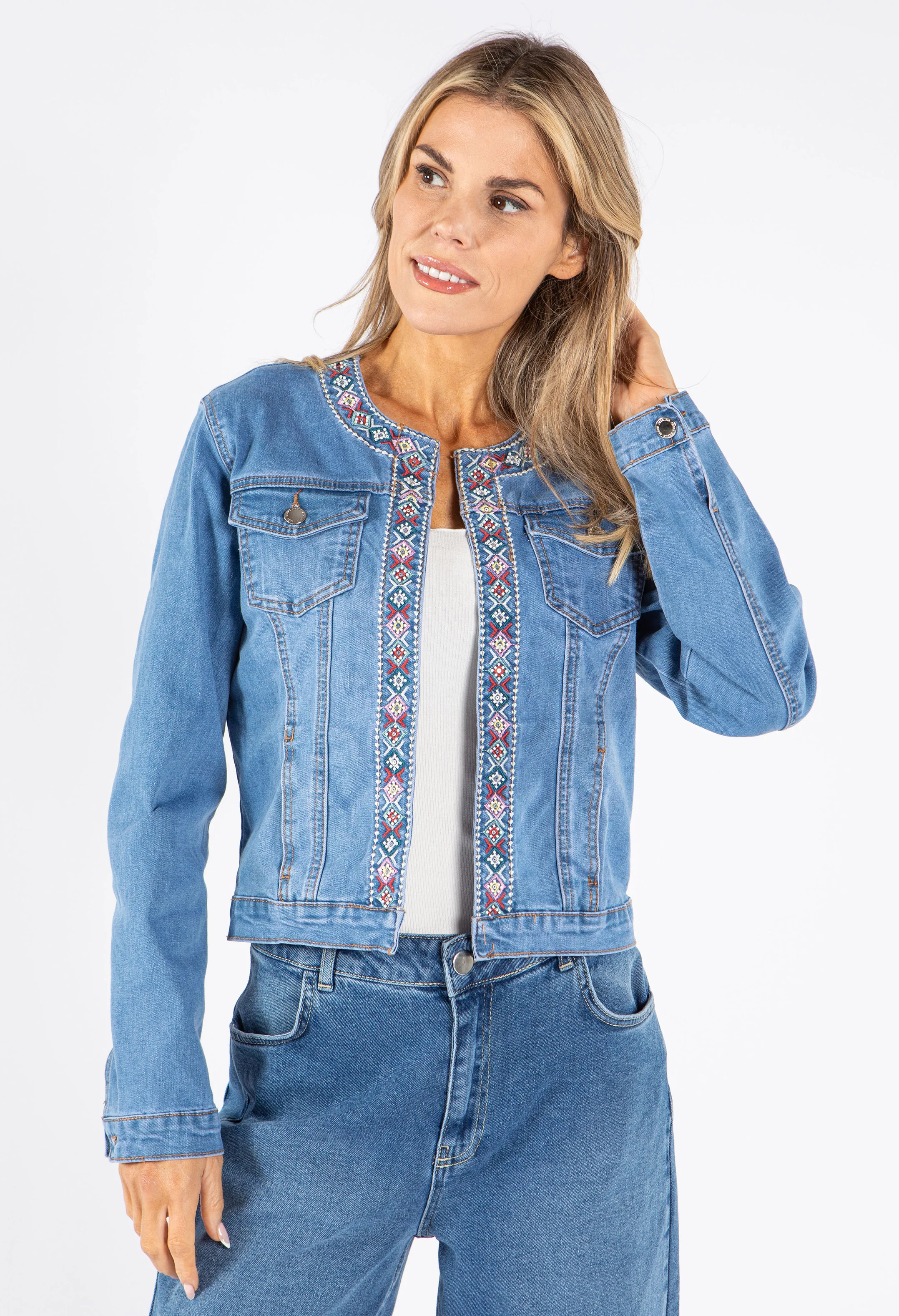 Denim jacket with aztec embroidery