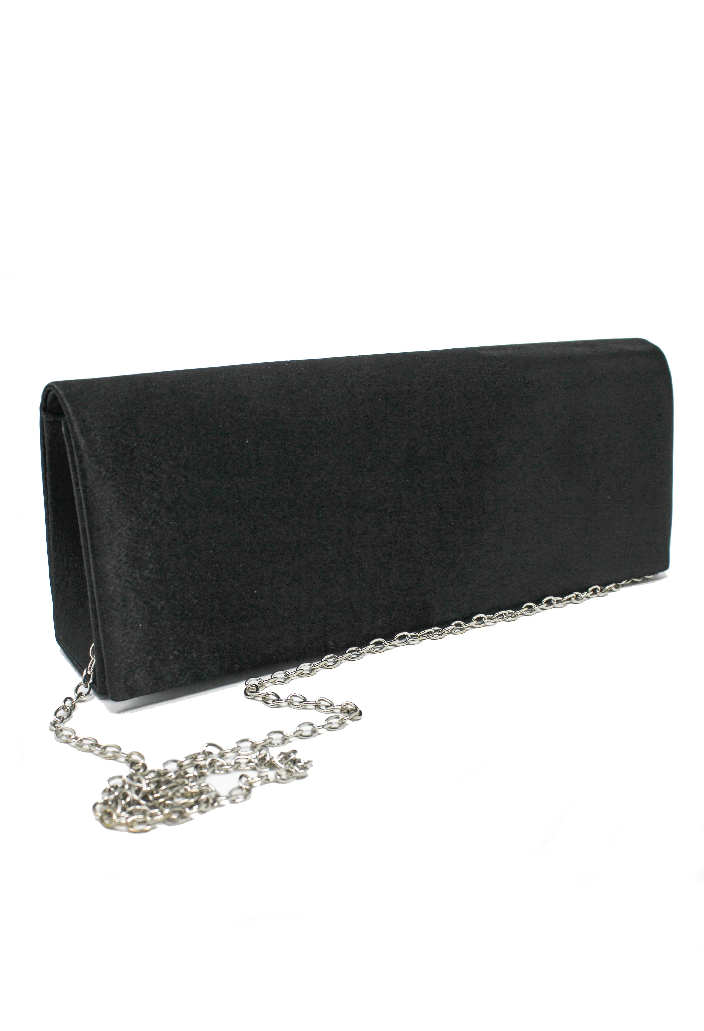PAMELA SCOTT SATIN CLUTCH BAG IN BLACK.