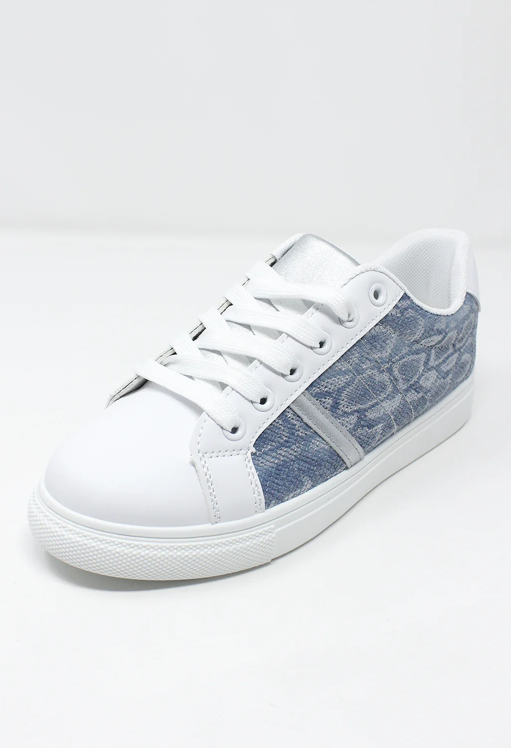 White and Blue Snake Print Trainer