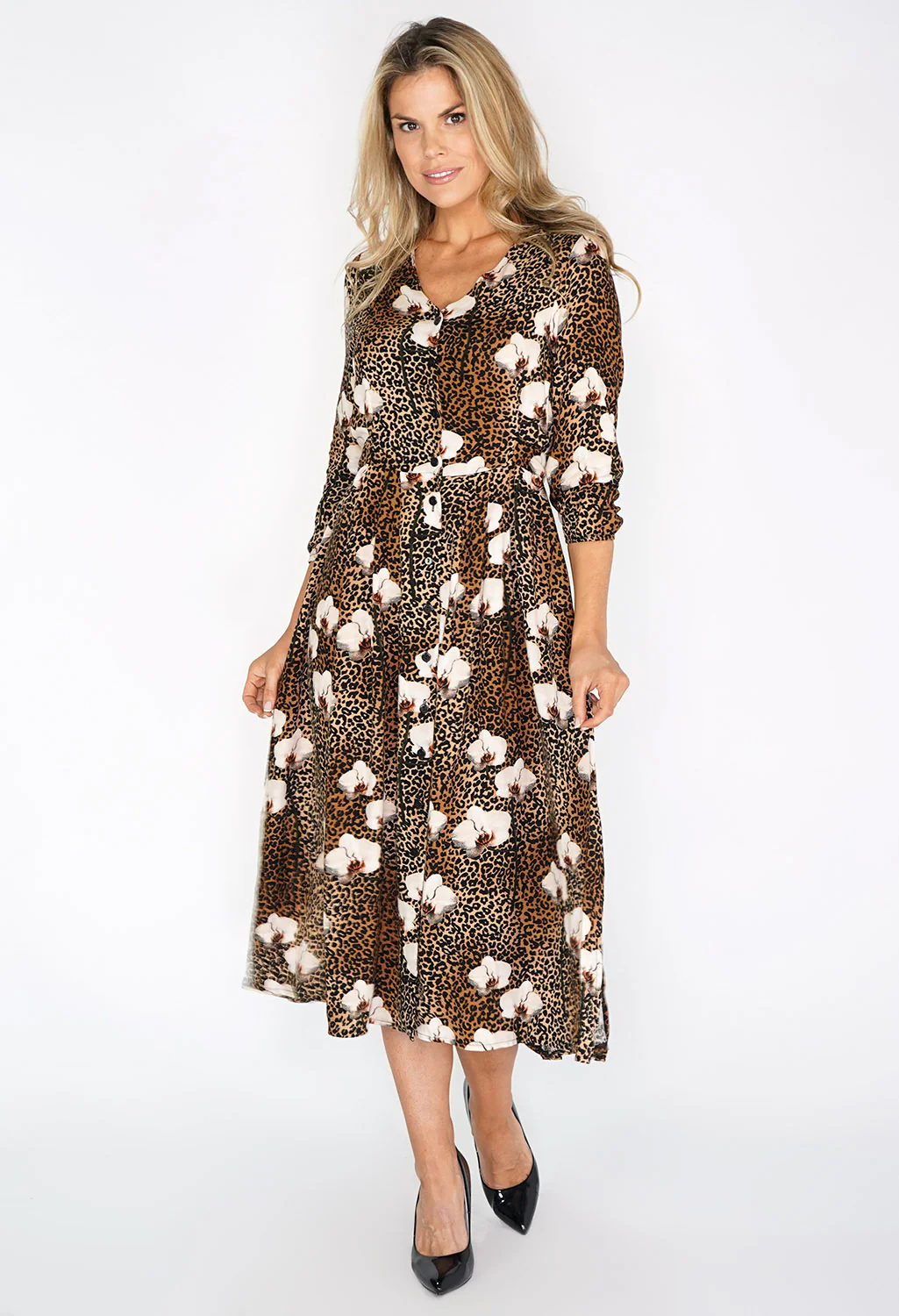 Brown Leopard and Floral Print Dress