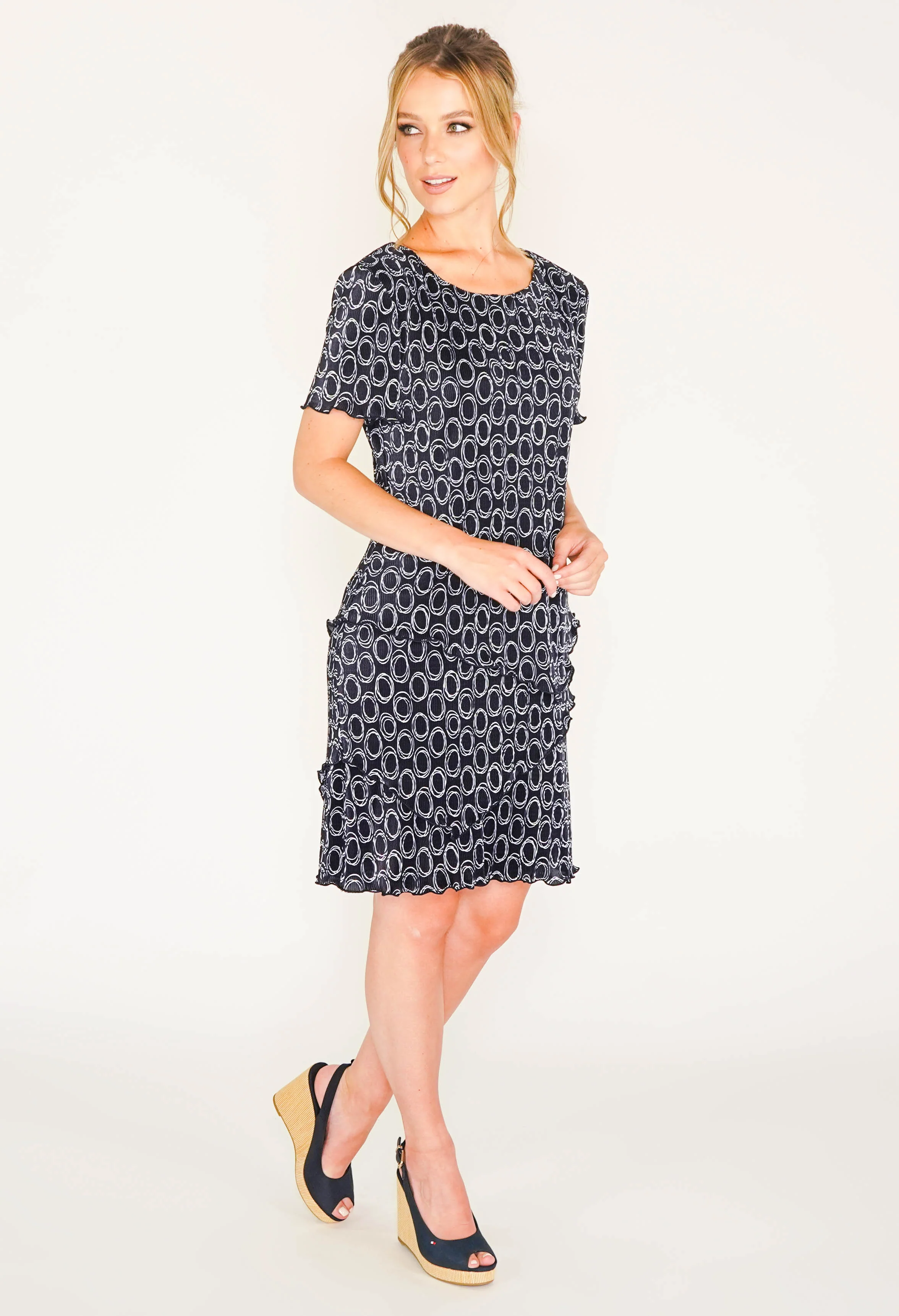 NAVY PRINT CIRCLE DRESS WITH ASYMMETRICAL PANELS
