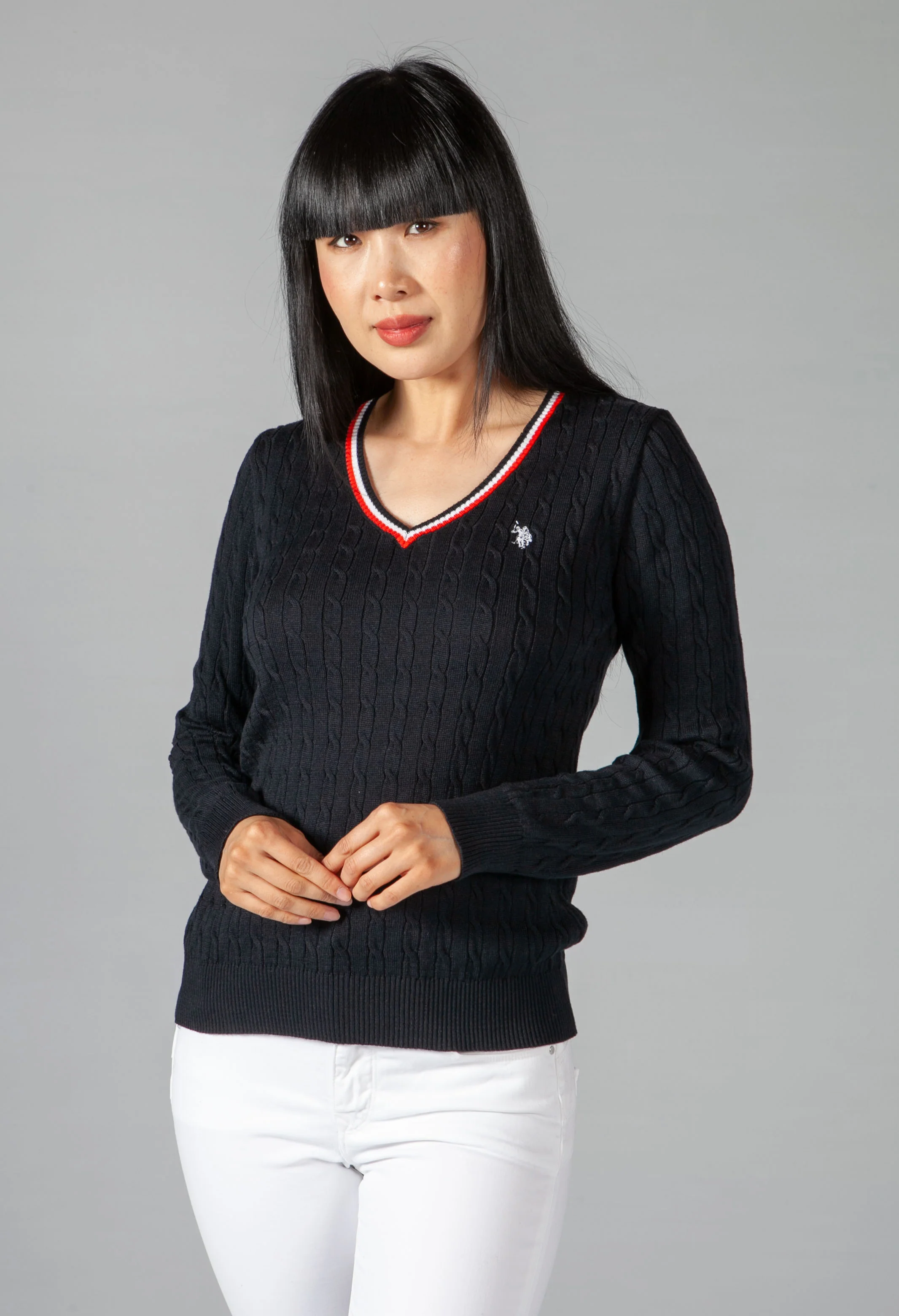 Navy Cable Knit V neck Jumper
