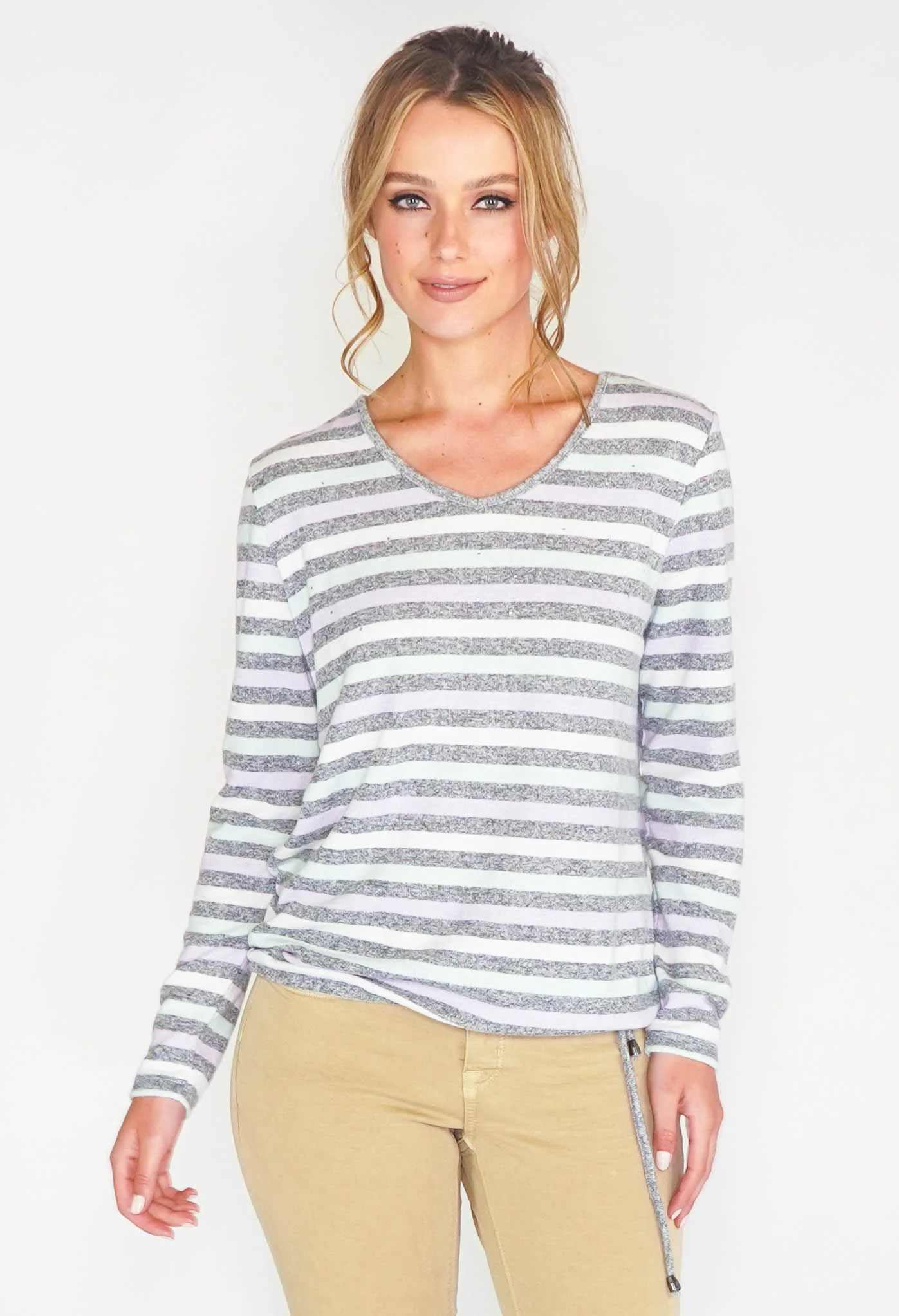 SOFT TOUCH MULTI STRIPE V NECK TOP