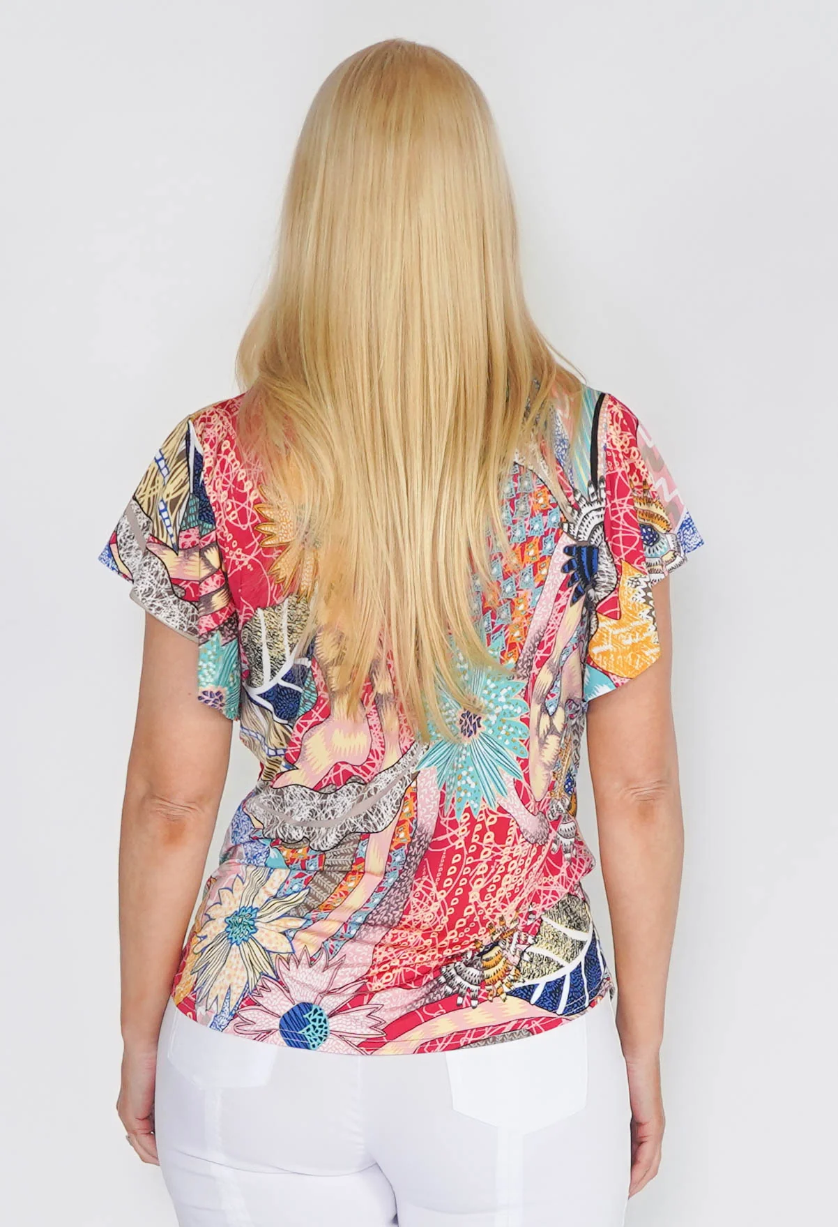 CIRCLE DETAIL V NECK TOP WITH ROMANTIC SLEEVE -1