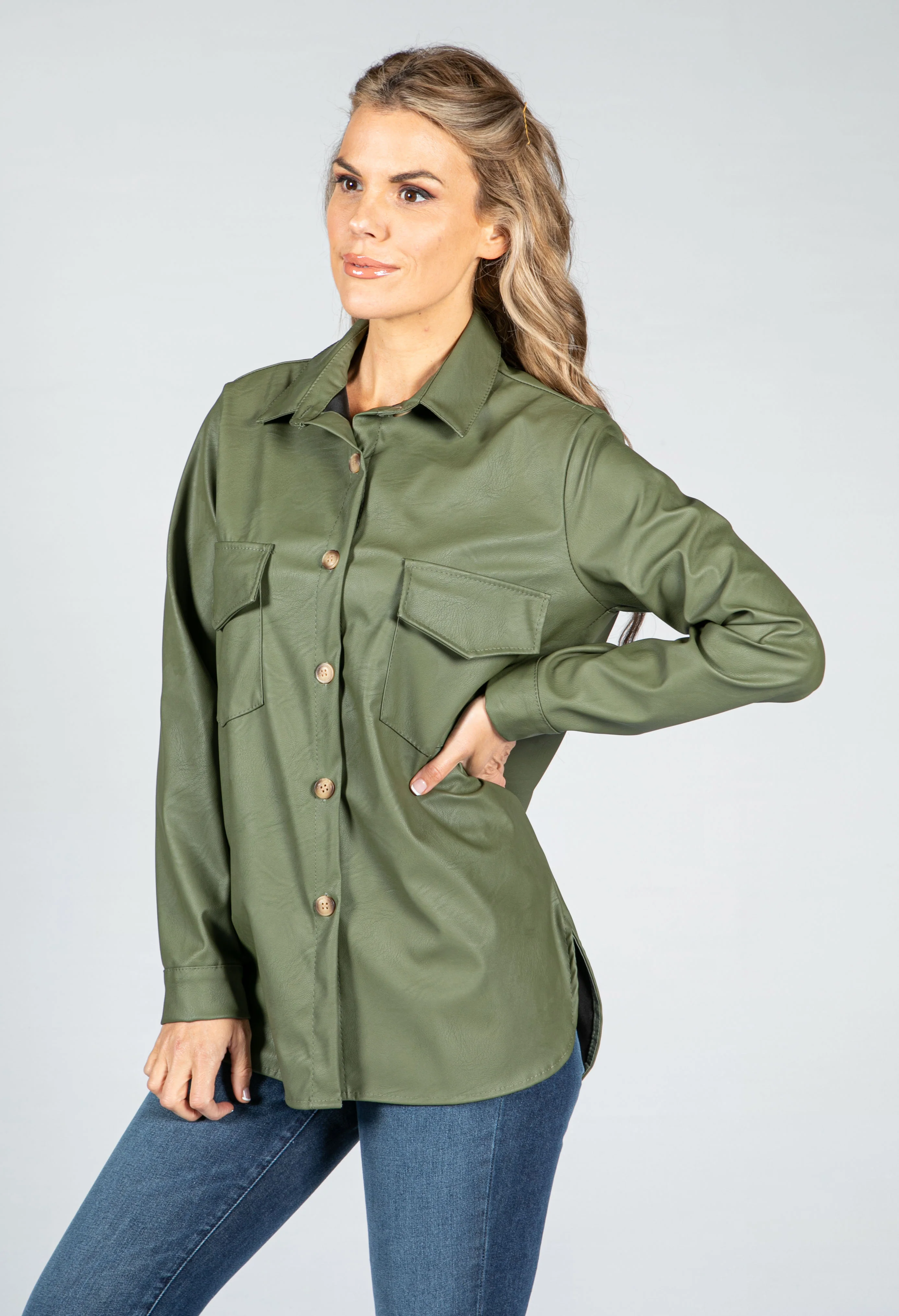 Leatherette Shirt in Khaki Green