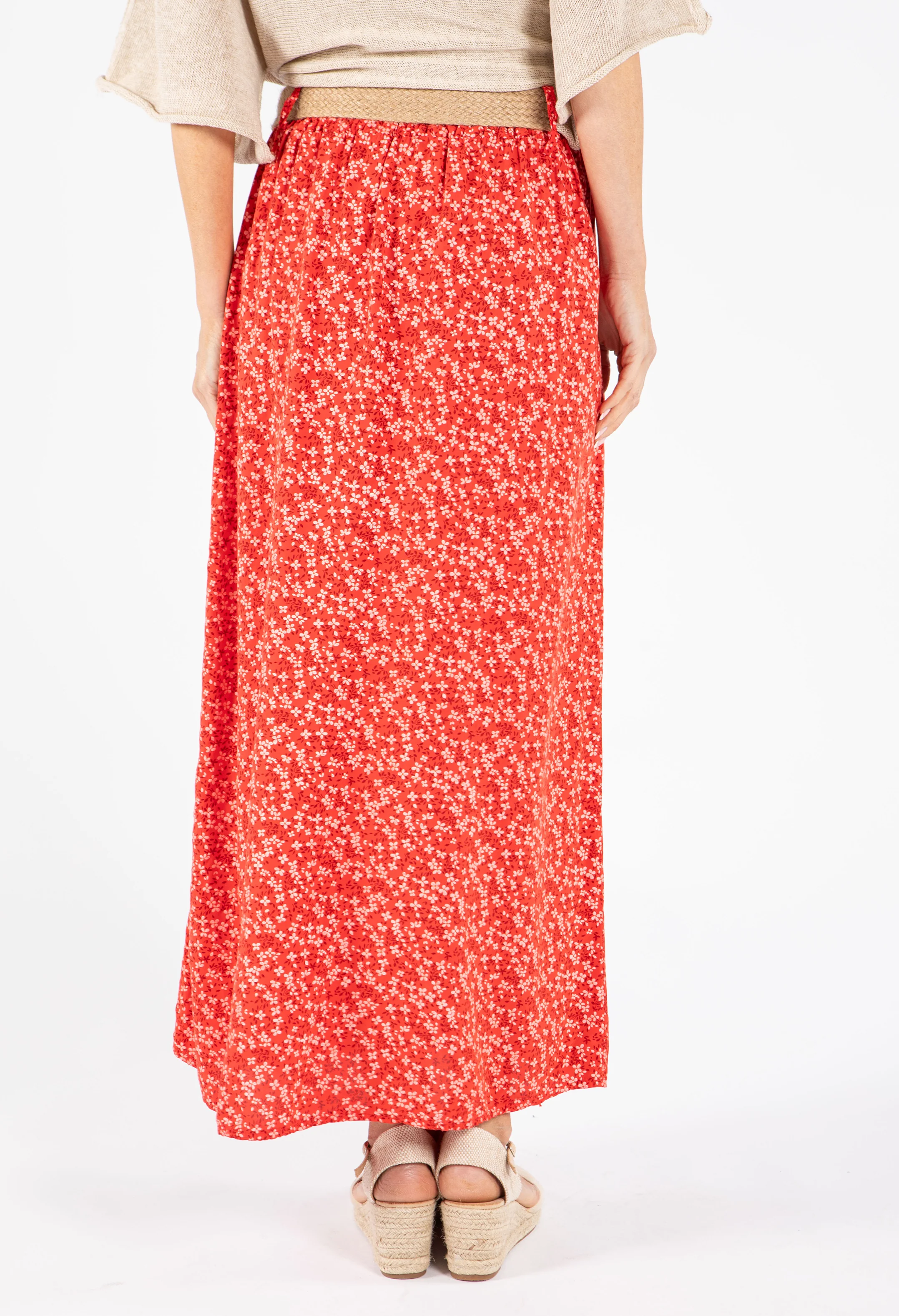 Belted Daisy Print Maxi Skirt