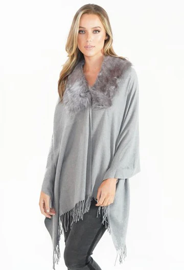 Grey Faux Fur Detail Shawl