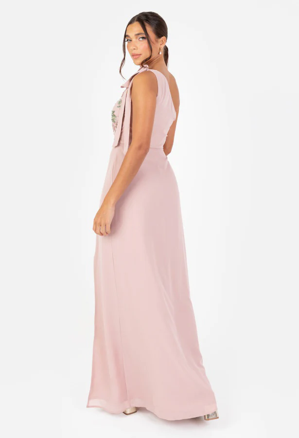 Floral Embellished Self-Tie One Shoulder Maxi Dress