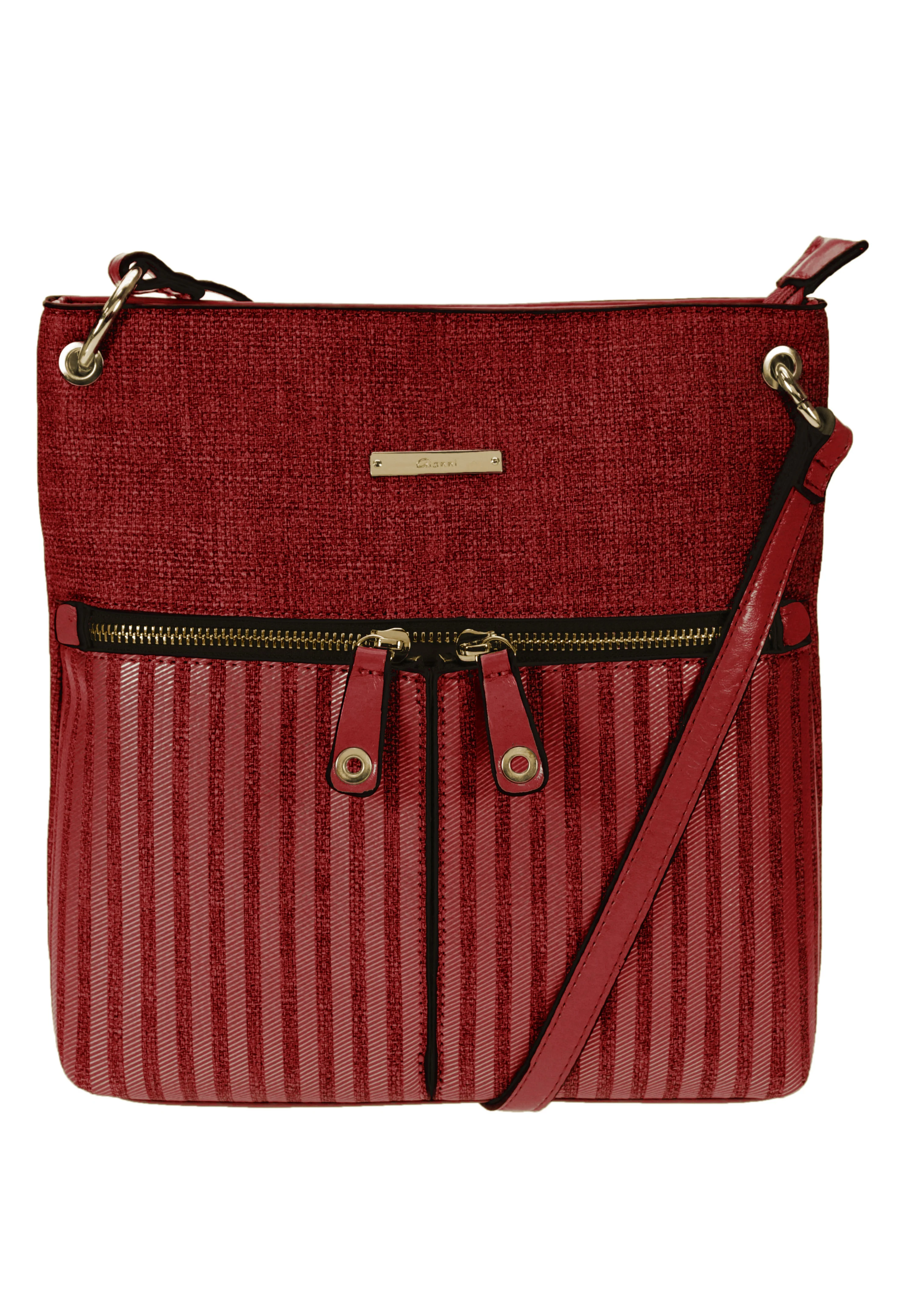 Textured Crossbody Bag with Textured Front and Double Zip Front Detail in Red