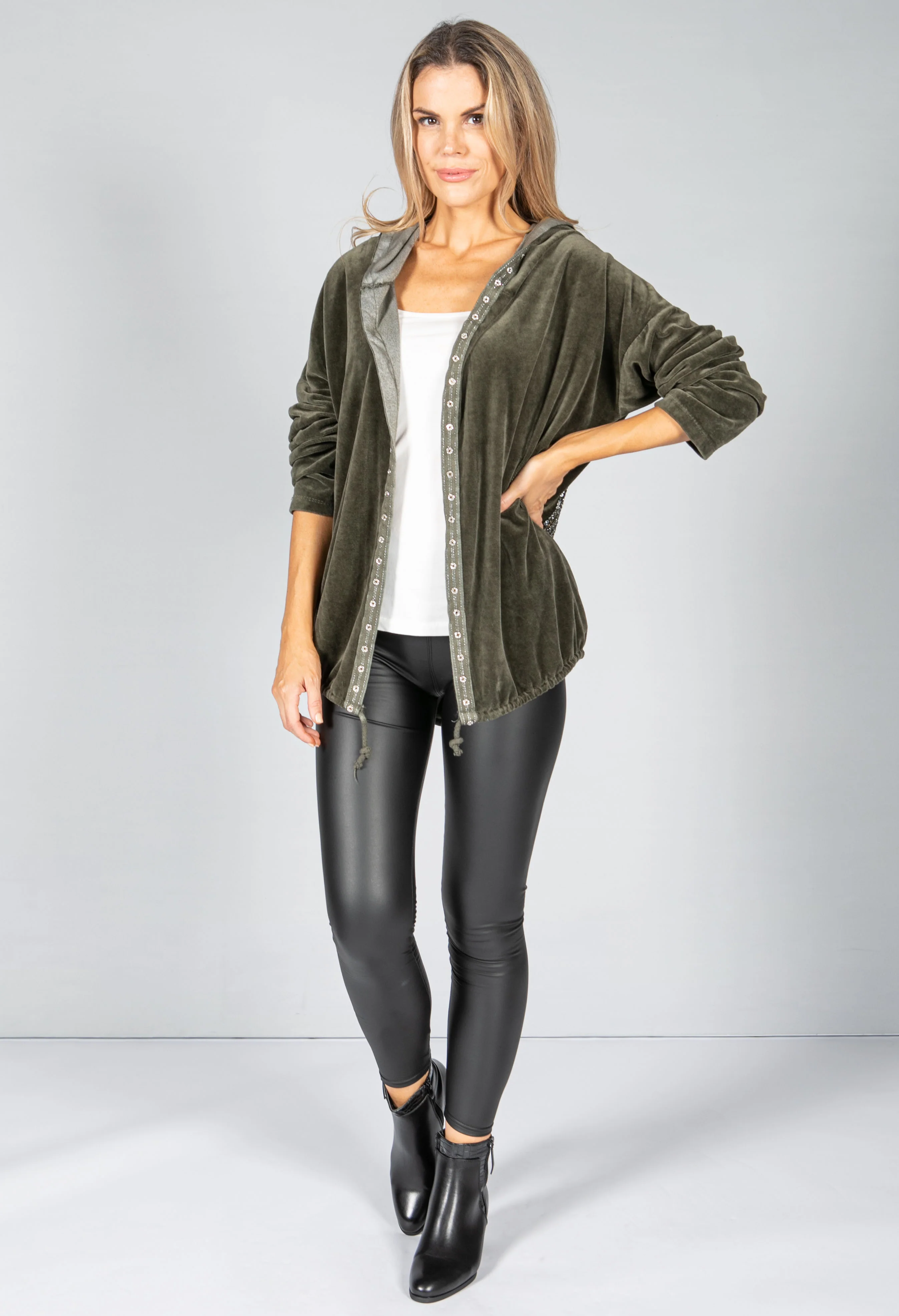 PAMELA SCOTT KHAKI VELVET OPEN HOODIE